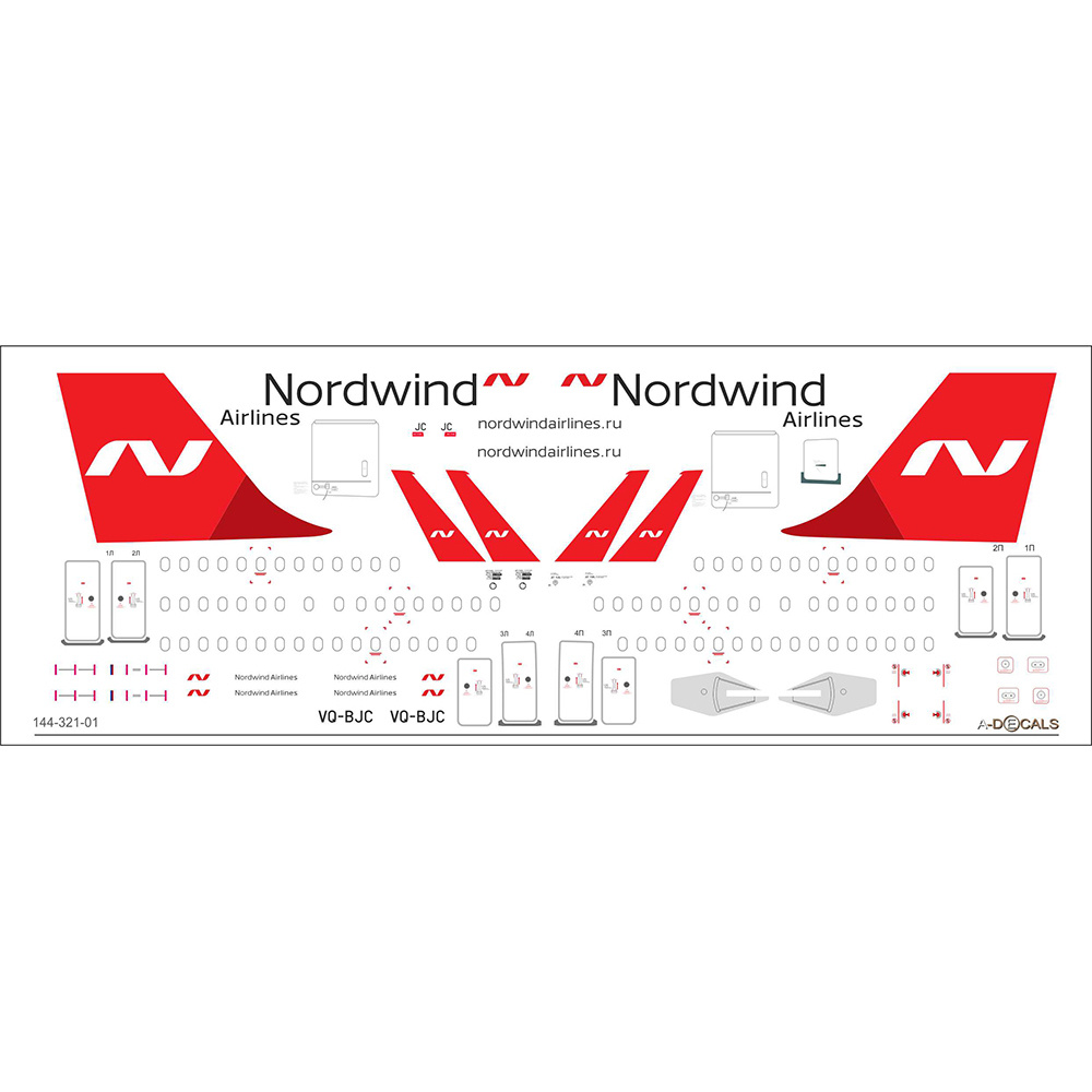 144-321-01 PasDecals 1/144 Nord Wind Decal for Airbus A321 (Zvezda)