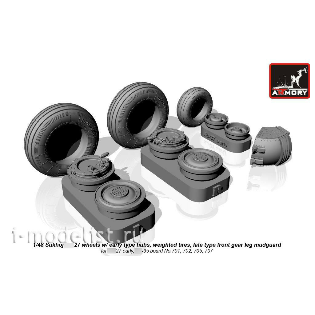 AW48020b Armory 1/48 set of wheel extensions for C 27 with early-type hubs, weighted tires, late-type front mudguard