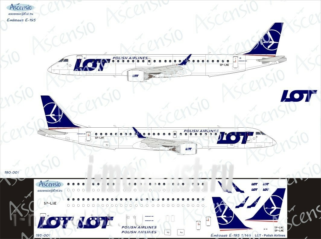 195-001 Ascensio Decal 1/144 Scales on the Embraer 195 aircraft (LOT — Polish Airlines)