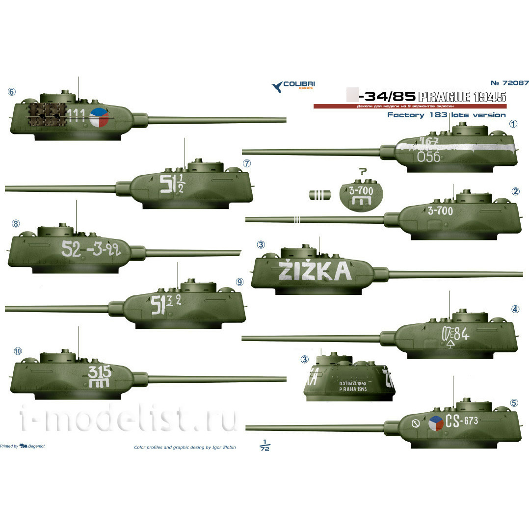 72087 ColibriDecals 1/72 Decal for 34-85 factory 183 (Prague 1945)