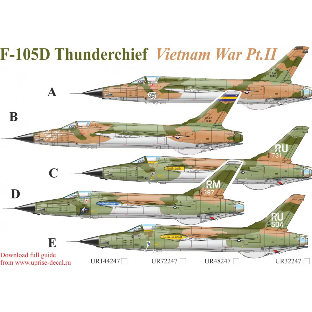 UR72247 Sunrise 1/72 Decals for F-105D Thunderchief Vietnam War Pt,2 since. inscriptions	