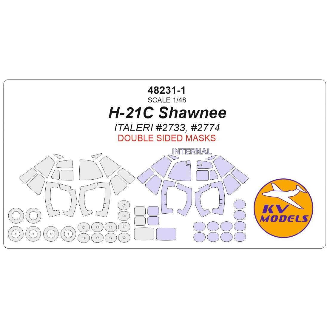 48231-1 KV Models 1/48 H-21C Shawnee (ITALERI #2733, #2774) - (Двусторонние маски) + маски на диски и колеса