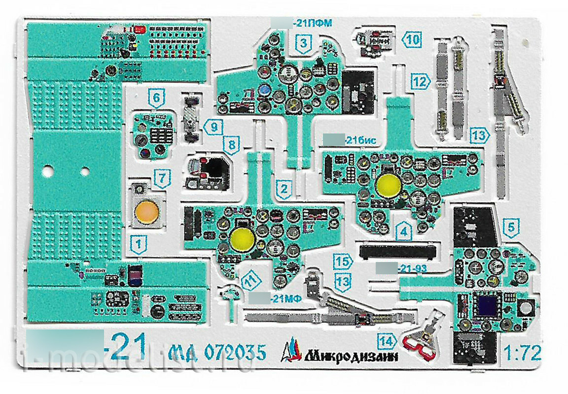 072035 Microdesign 1/72 Photo Etching Kit Color Dashboards for MiGG-21, All Modifications (Zvezda)