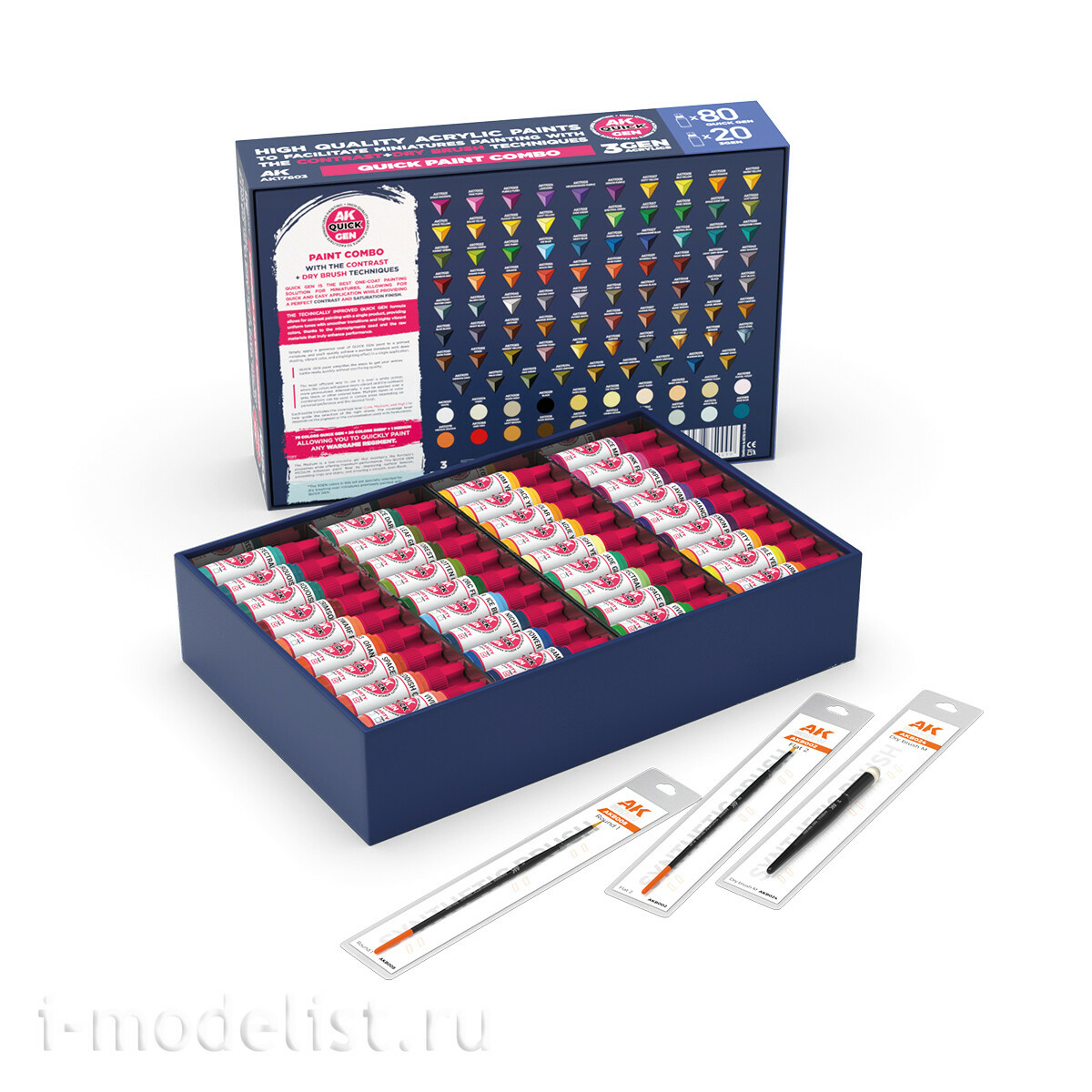 AK17603 AK Interactive Набор красок QUICK GEN - 100 цветов / QUICK PAINT COMBO-100 COLORS (80 QUICK GEN + 20 3GEN + 3 кисти +1 медиум)