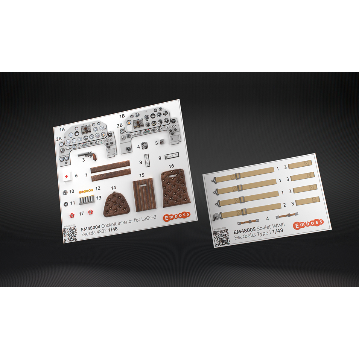 EM48004+EM48005 Emboss 1/48 Интерьер кабины для модели ЛаГГ-3 Zvezda + привязные ремни самолетов ВВС РККА Тип 1