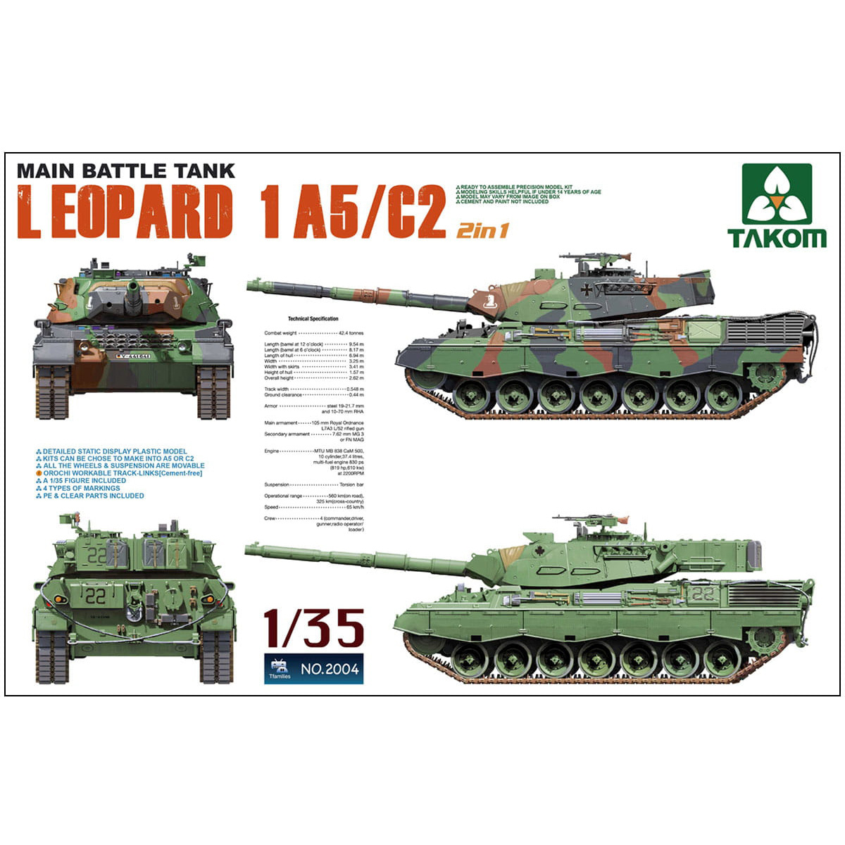 2004 Takom 1/35 Main Battle Tank Leopard 1 A5/C2 2 in 1