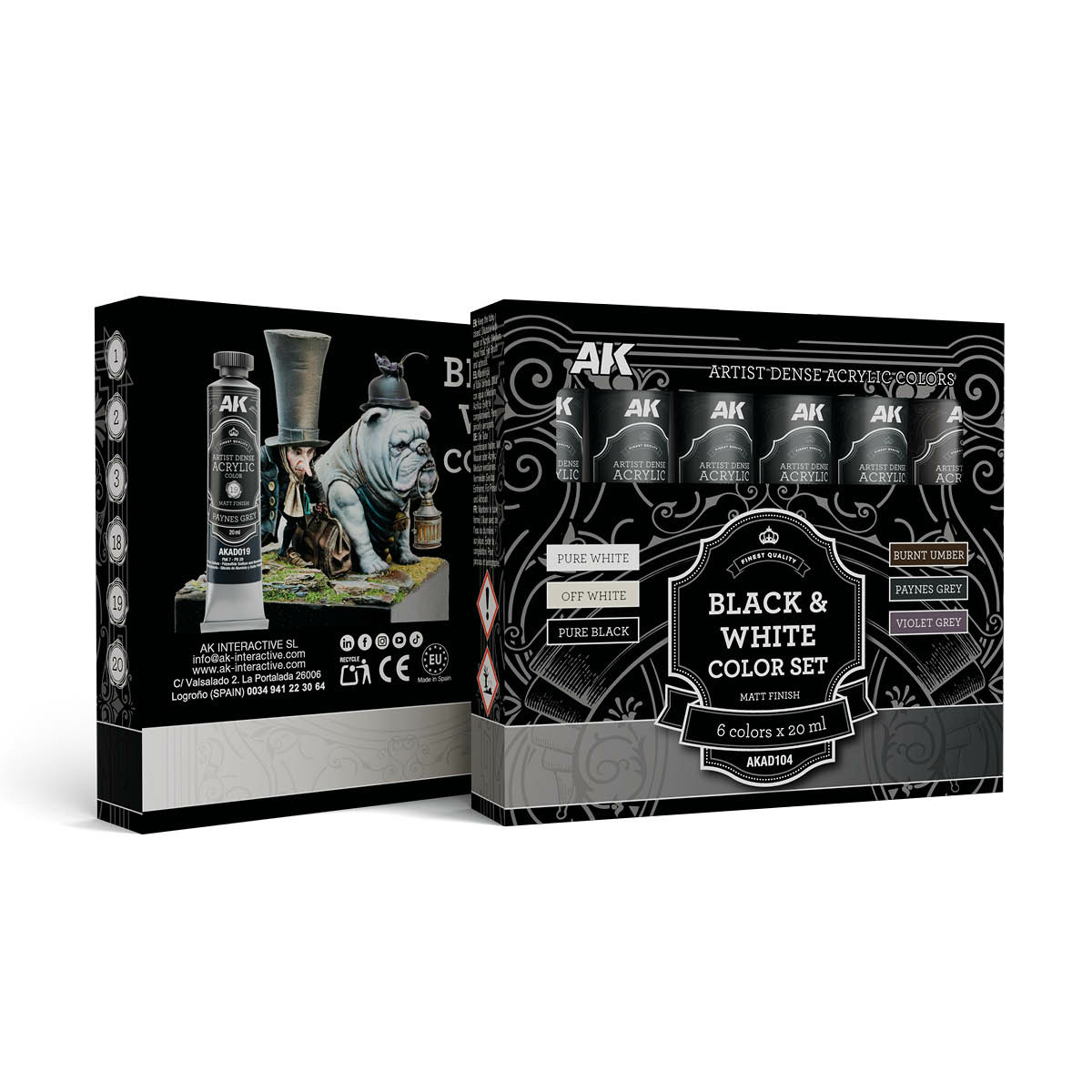 AKAD104 AK Interactive Набор чёрных и белых красок – хуtoжественный плfromный акрил / Black & White Color Set – Artistic Dense Acrylic Color