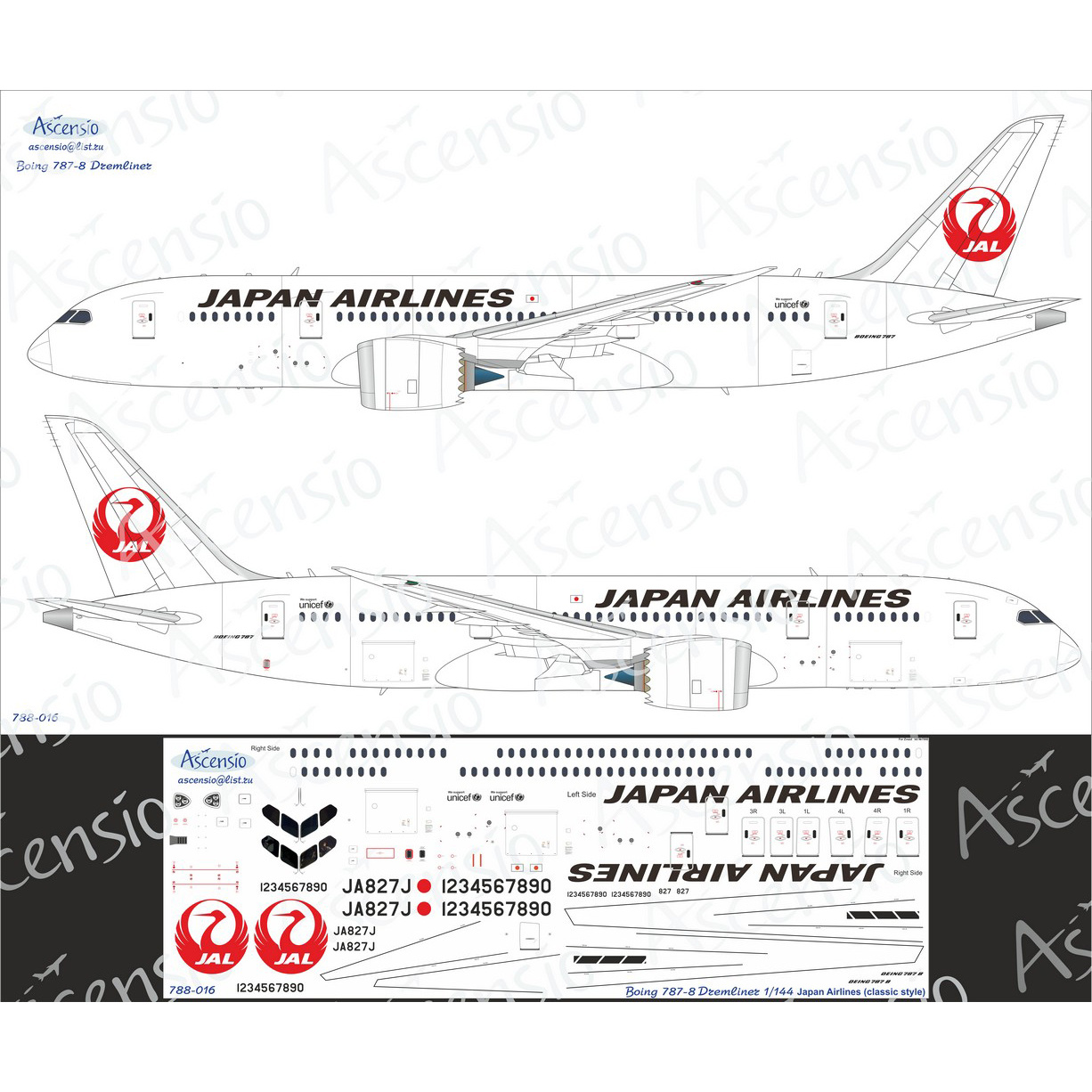 788-016 Ascensio 1/144 Decal for boeing 787-8 Japan Airlines
