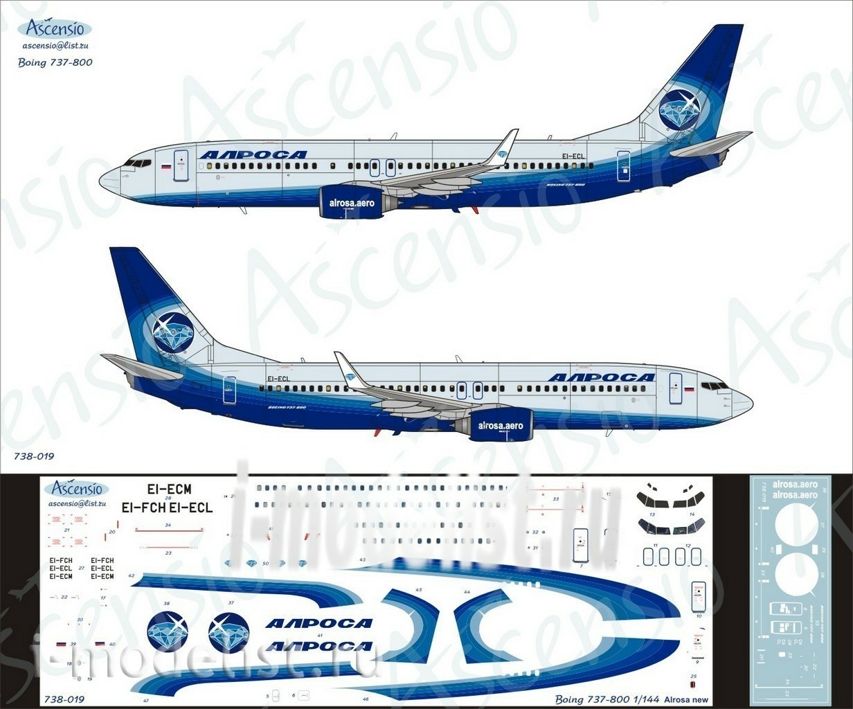 738-019 Ascensio 1/144 Scales the Decal on the plane Boeng 737-800 (new colors Alrosa)