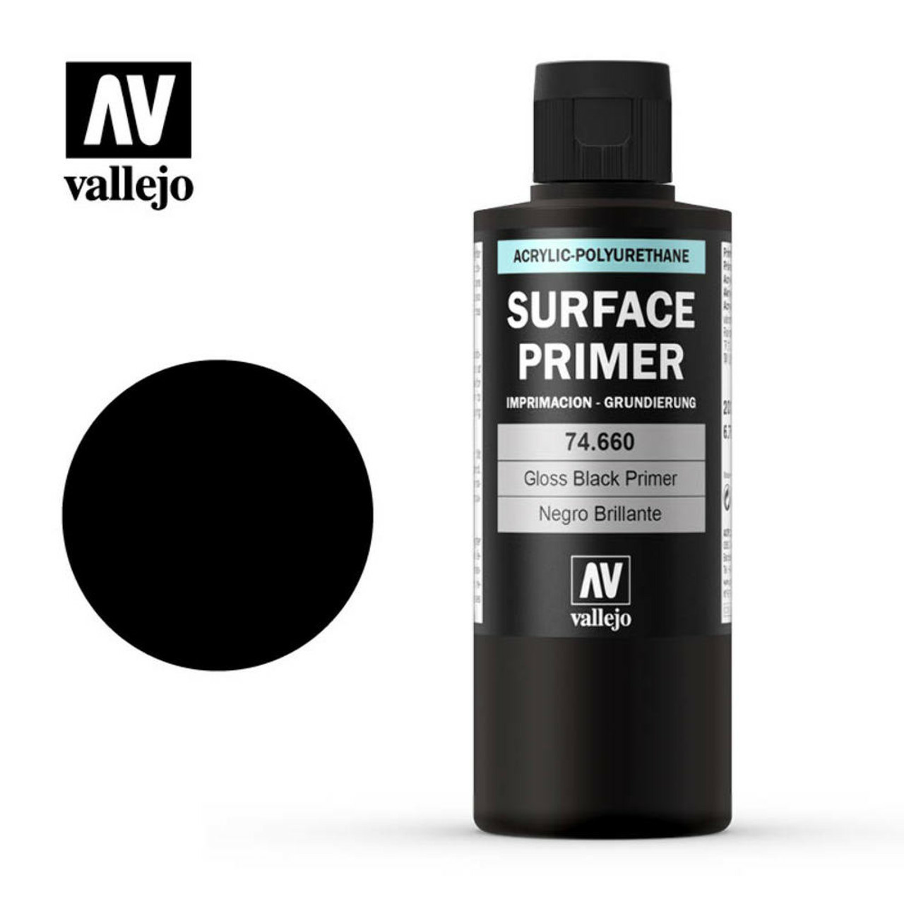 74660 Vallejo Glossy Black Primer Surface Gloss Black Primer, 200 ml