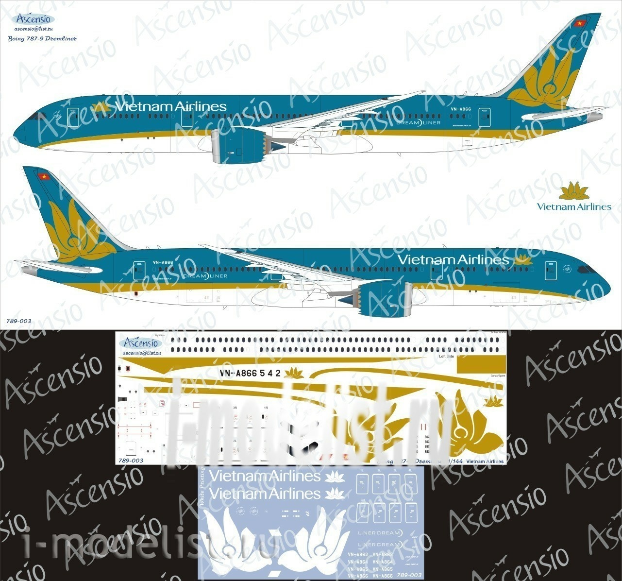 789-003 Ascensio 1/144 Scales the Decal on the plane Boeng 787-9 (Vietnam Airlines)