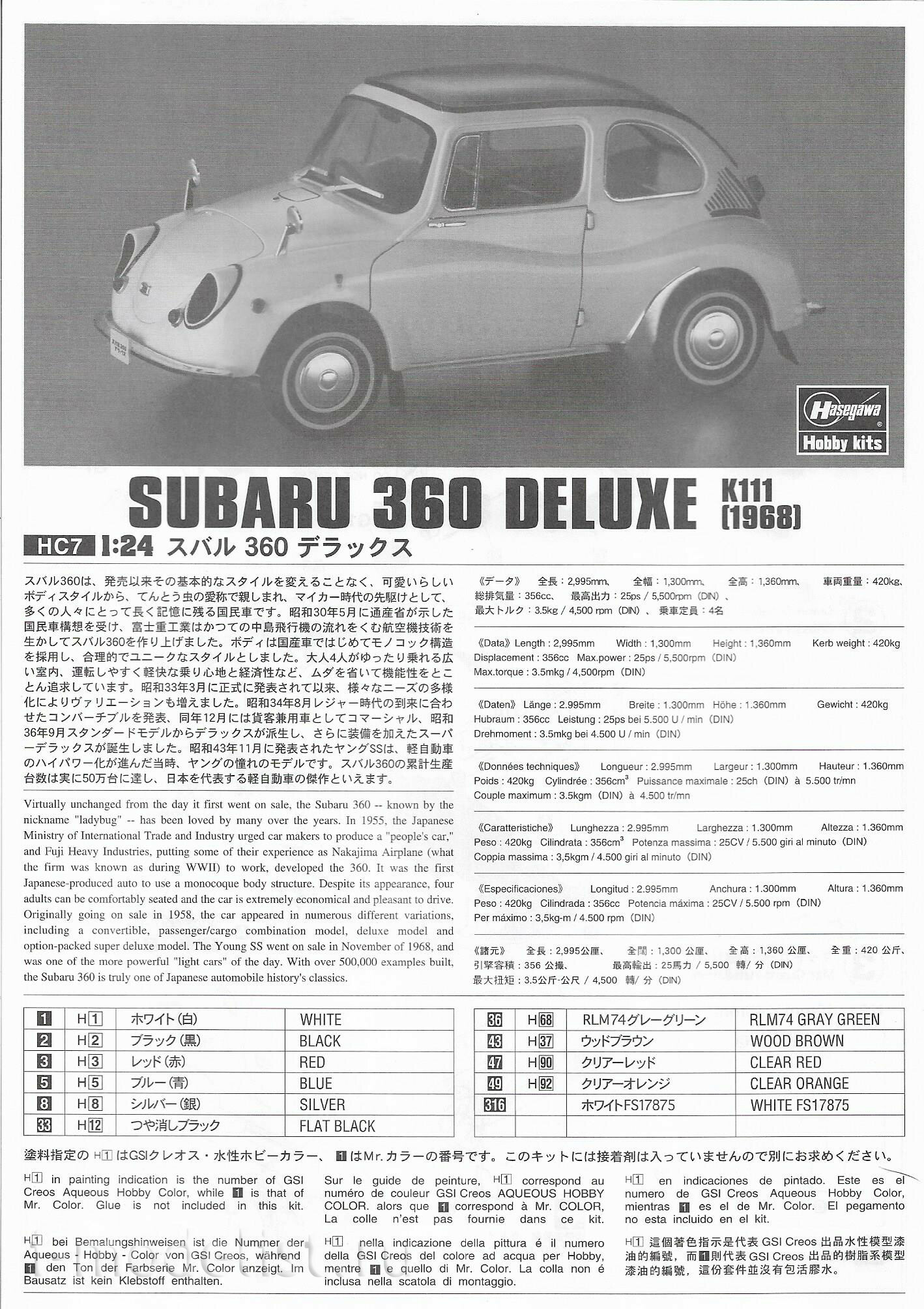 21207 Hasegawa 1/24 Subaru 360 Deluxe 