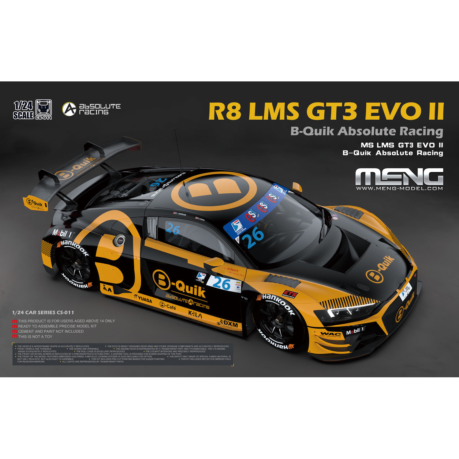 CS-011 Meng 1/24 Notмецкий спортивный автомобиль R8 LMS GT3 EVO II B-Quik Absolute Racing