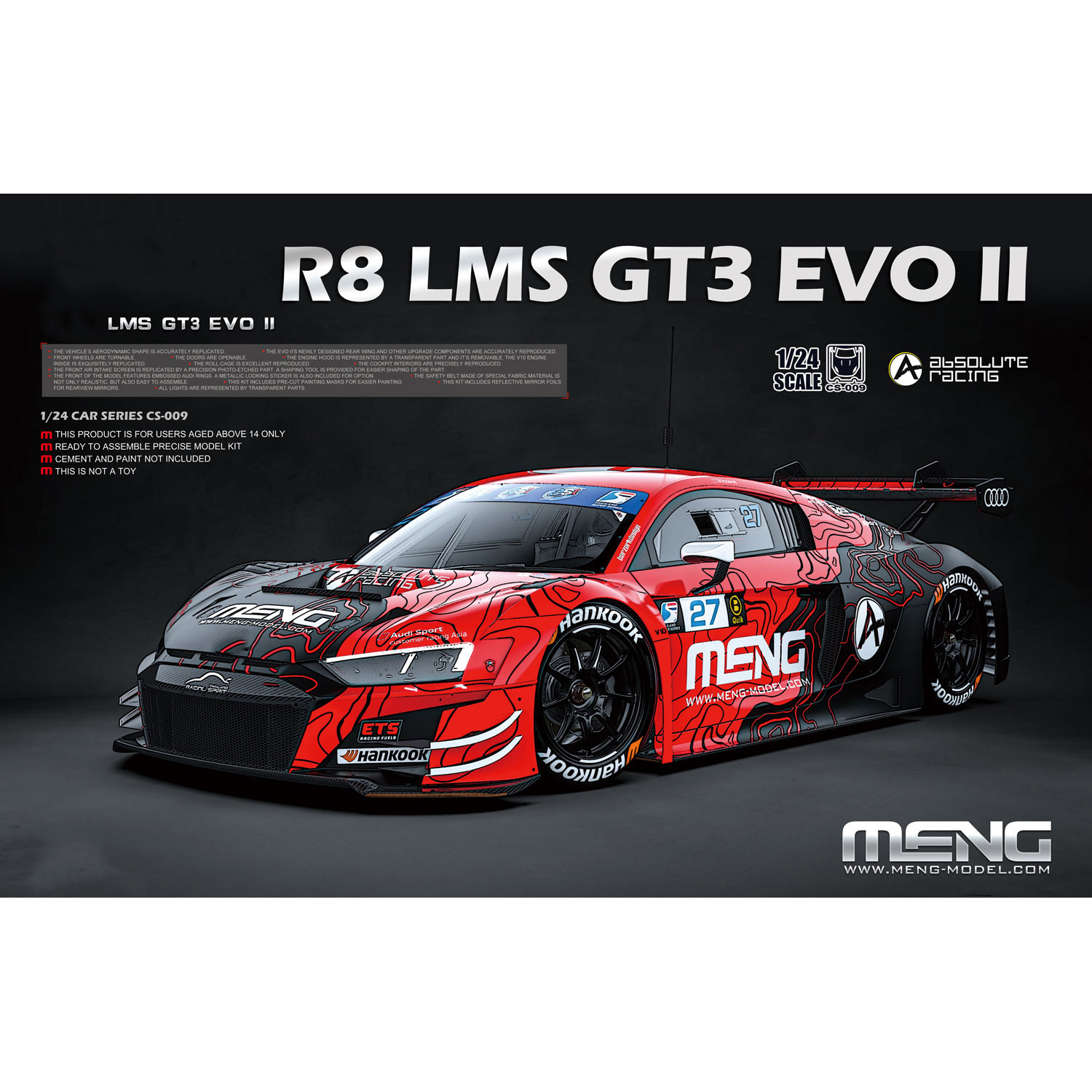 CS-009 Meng 1/24 Notмецкий спортивный автомобиль R8 LMS GT3 EVO II Absolute Racing