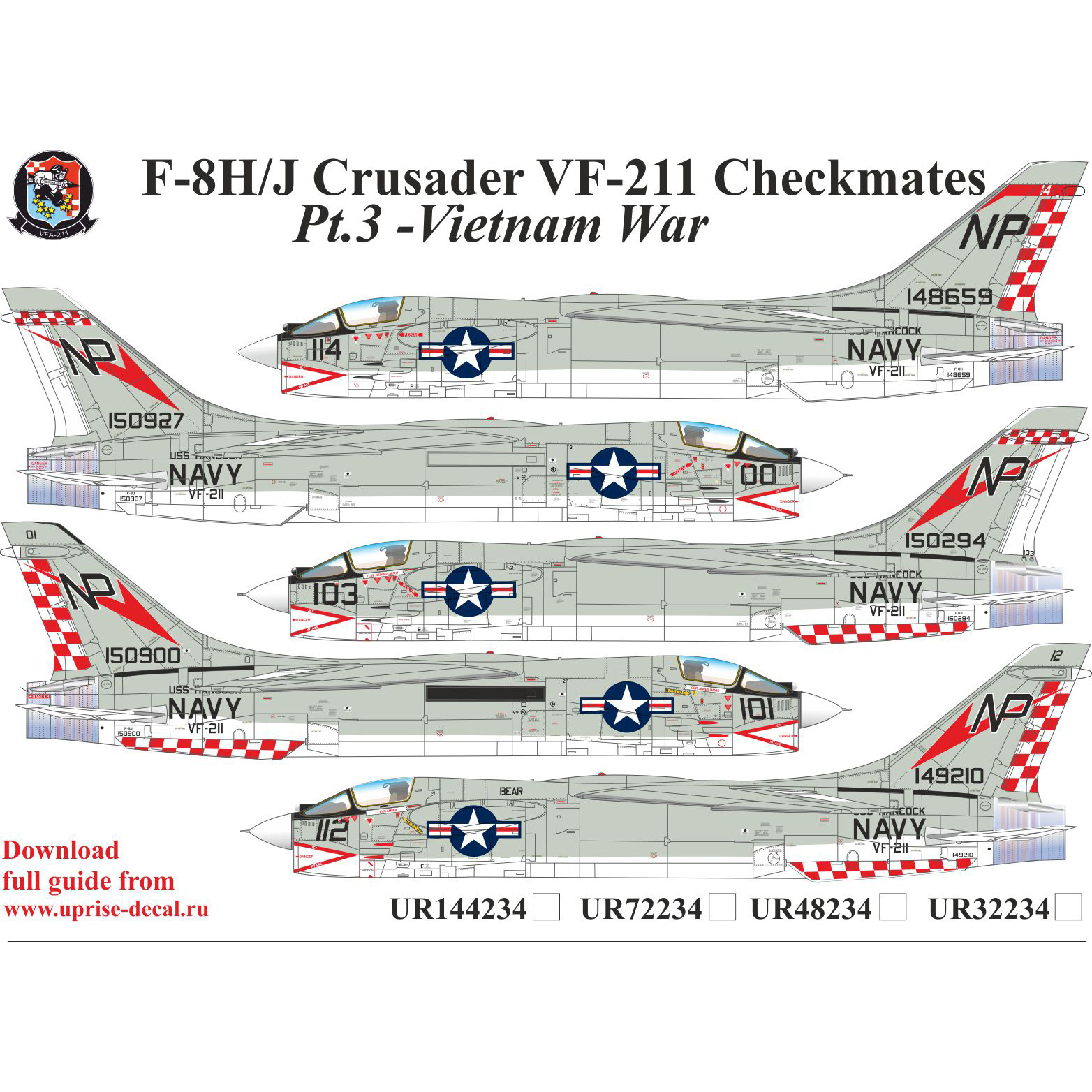 UR72234 SUNRISE 1/72 Decals for F-8H/J Crusader VF-211 Checkmates Pt.3 FFA (Removable lacquer backing)