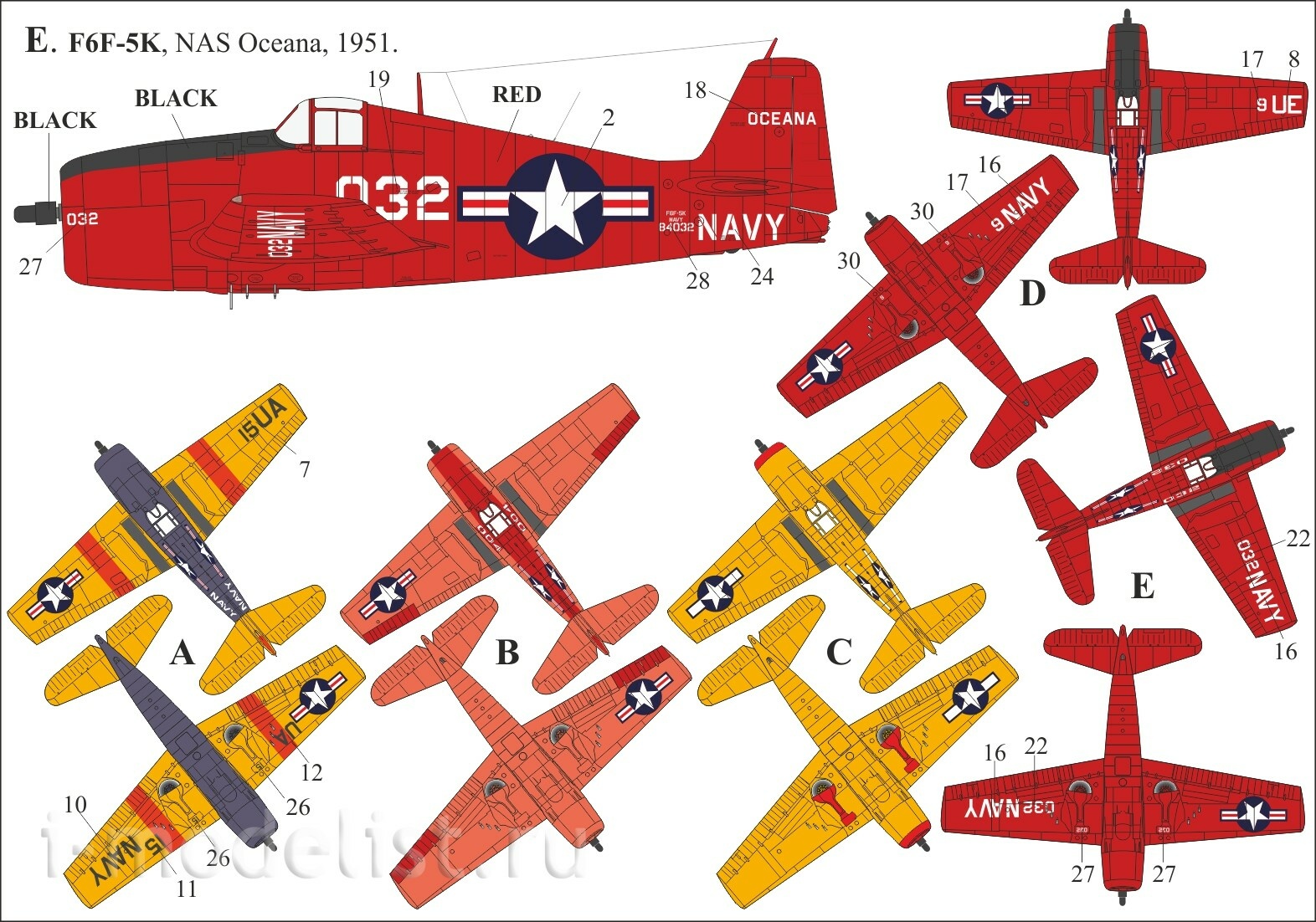 UR32205 Sunrise 1/32 Decal for F6F-3K/5K Hellcat Drones since. inscriptions, FFA (removable lacquer substrate) 