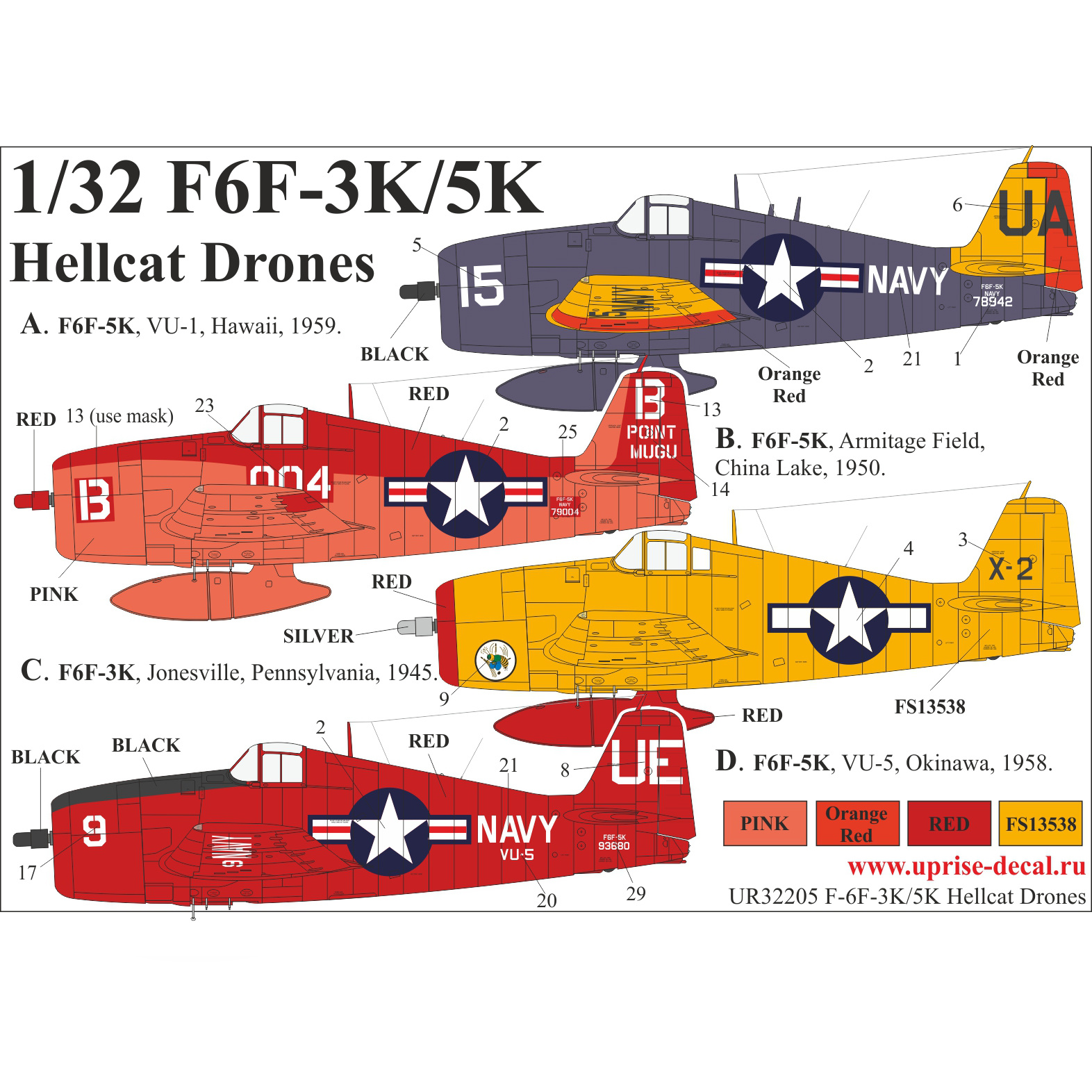 UR32205 Sunrise 1/32 Decal for F6F-3K/5K Hellcat Drones since. inscriptions, FFA (removable lacquer substrate) 