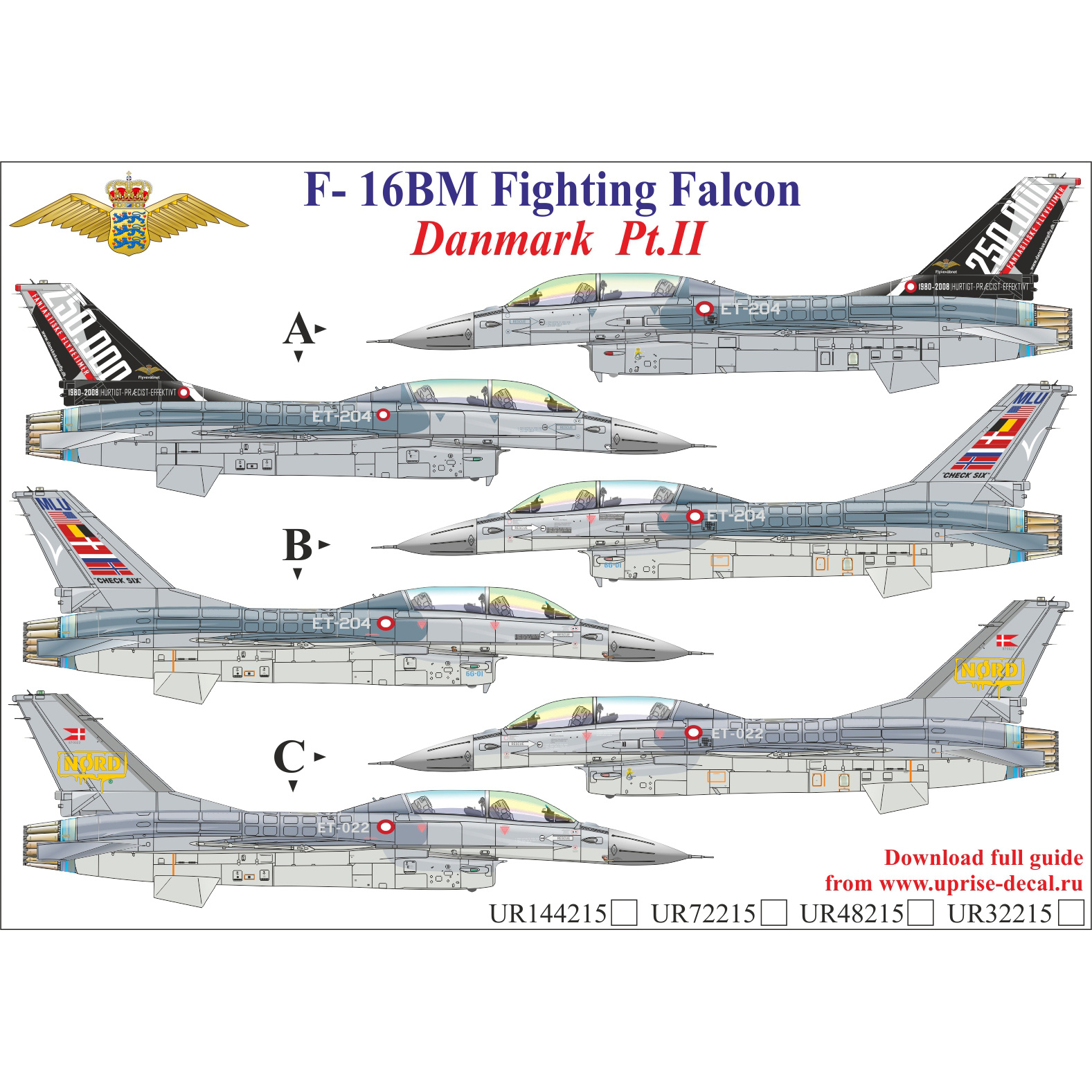 UR48215 Sunrise 1/48 Decal for F-16BM Fighting Falcon Danmark Pt.2