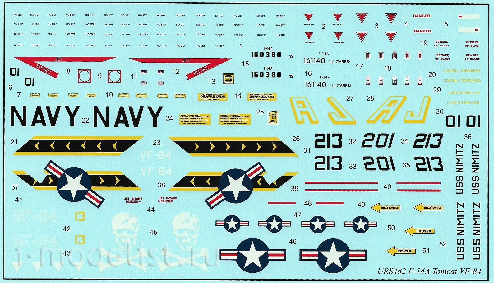 URS482 Sunrise 1/48 Decal for F-14A Tomcat VF-84 Jolly Rogers, with stencil