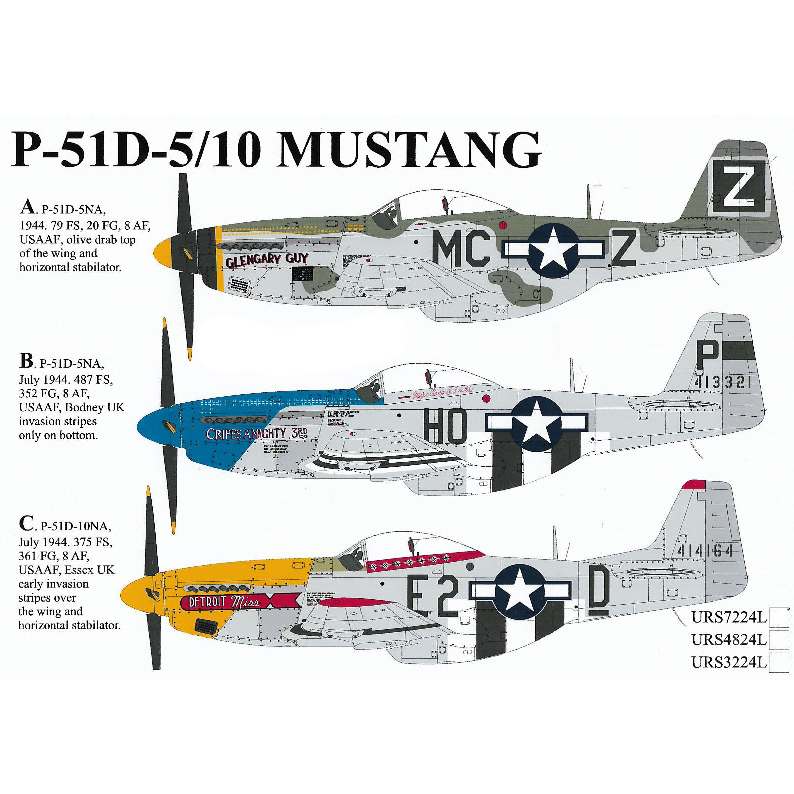 URS7224L Sunrise 1/72 Decal for P-51D-5/10, since then. inscriptions