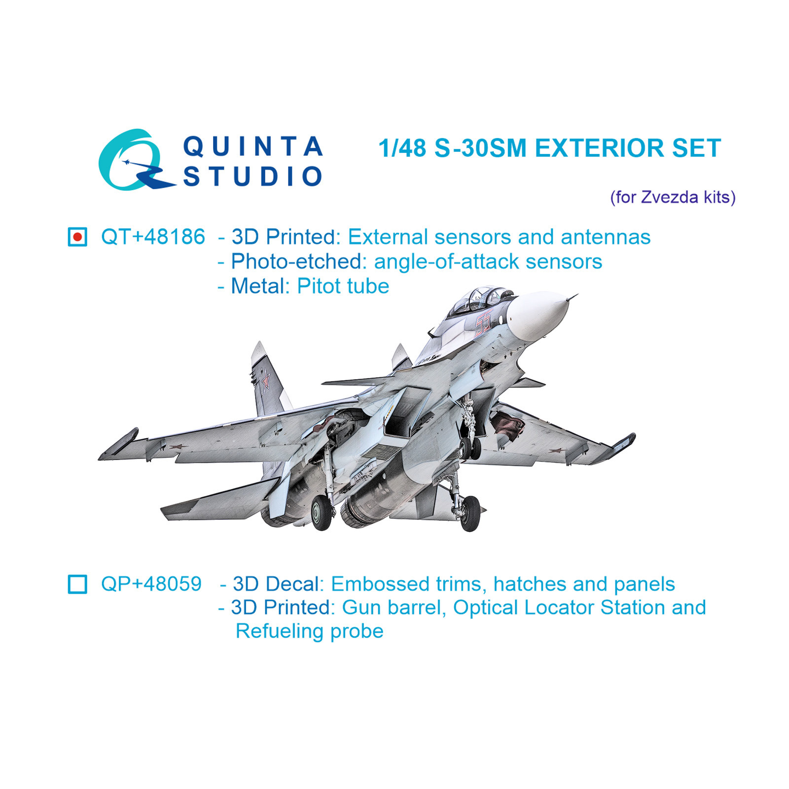 QT+48186 Quinta Studio 1/48 Внешние датчики и антенны для Суххой-30СМ, с мет. ПВД и травлеными датчиками углов атаки