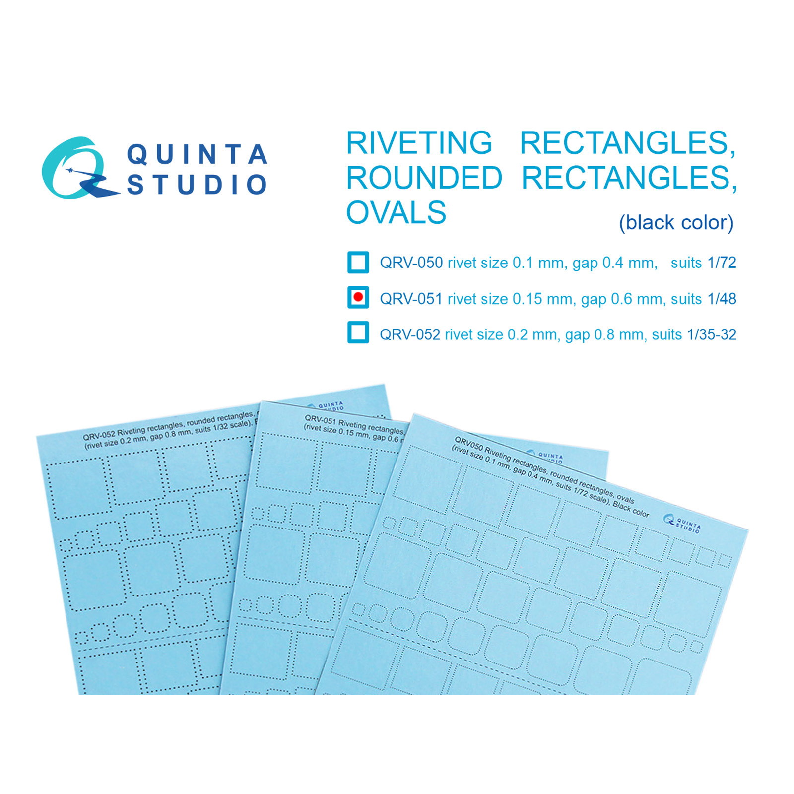 QRV-051 Quinta Studio 1/48 Клепочные ряды: прямоугольники и овалы (размер клепки 0.15 mm, интервал 0.6 mm, масштаб 1/48), черны