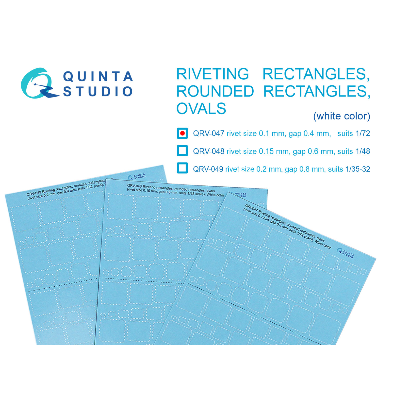 QRV-047 Quinta Studio 1/72 Клепочные ряды: прямоугольники и овалы (размер клепки 0.10 mm, интервал 0.4 mm, масштаб 1/72), белые