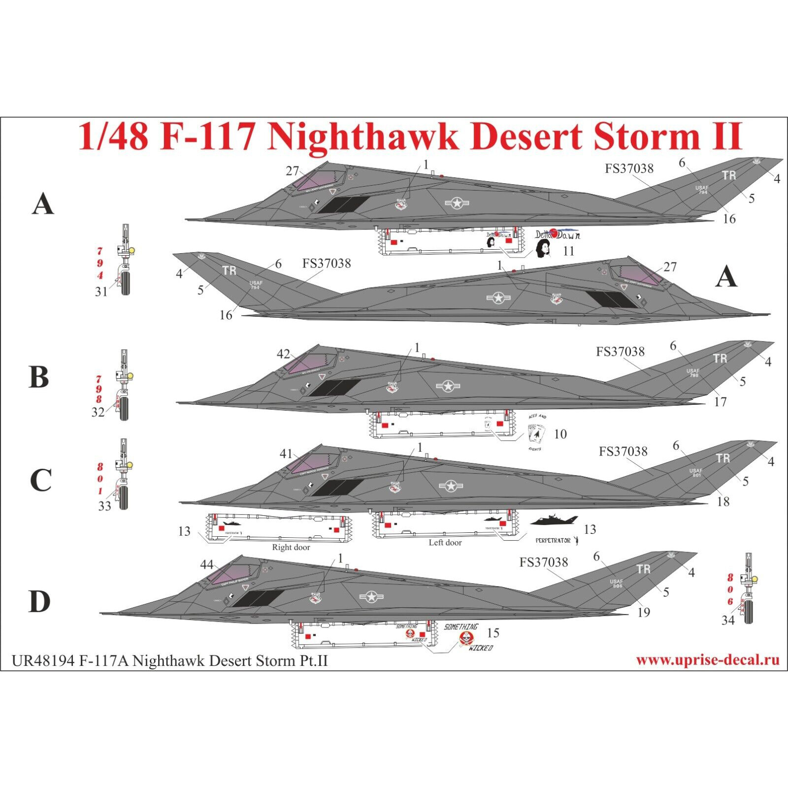 UR48194 Sunrise 1/48 Decal for F-117A Nighthawk 