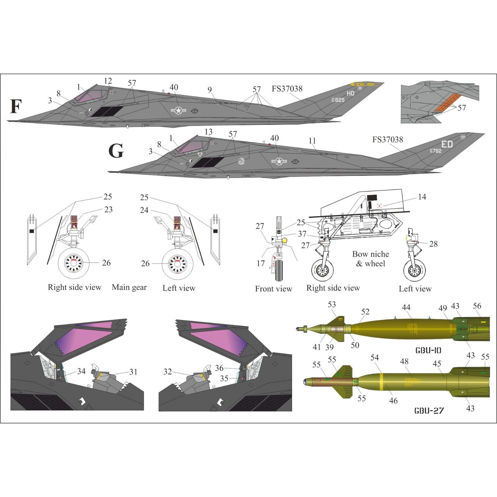 UR72190 Sunrise 1/72 Decal for F-117A tech. inscriptions FFA (removable film)