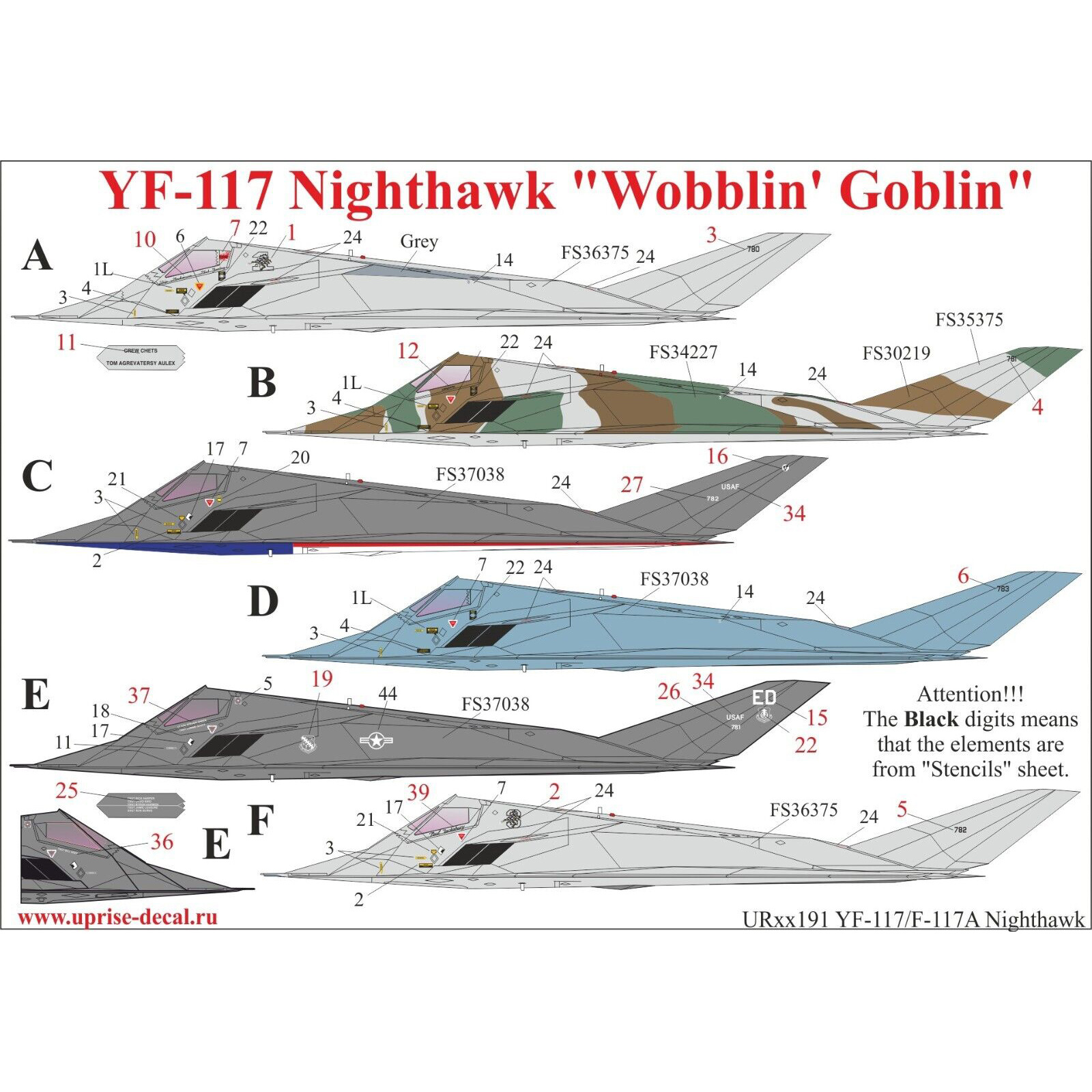 UR72191 Sunrise 1/72 Decal for YF-117 Nighthawk 