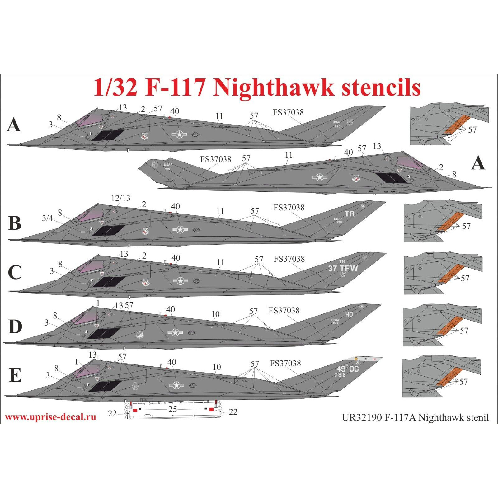 UR32190 Sunrise 1/32 Decal for F-117A Tech. inscriptions
