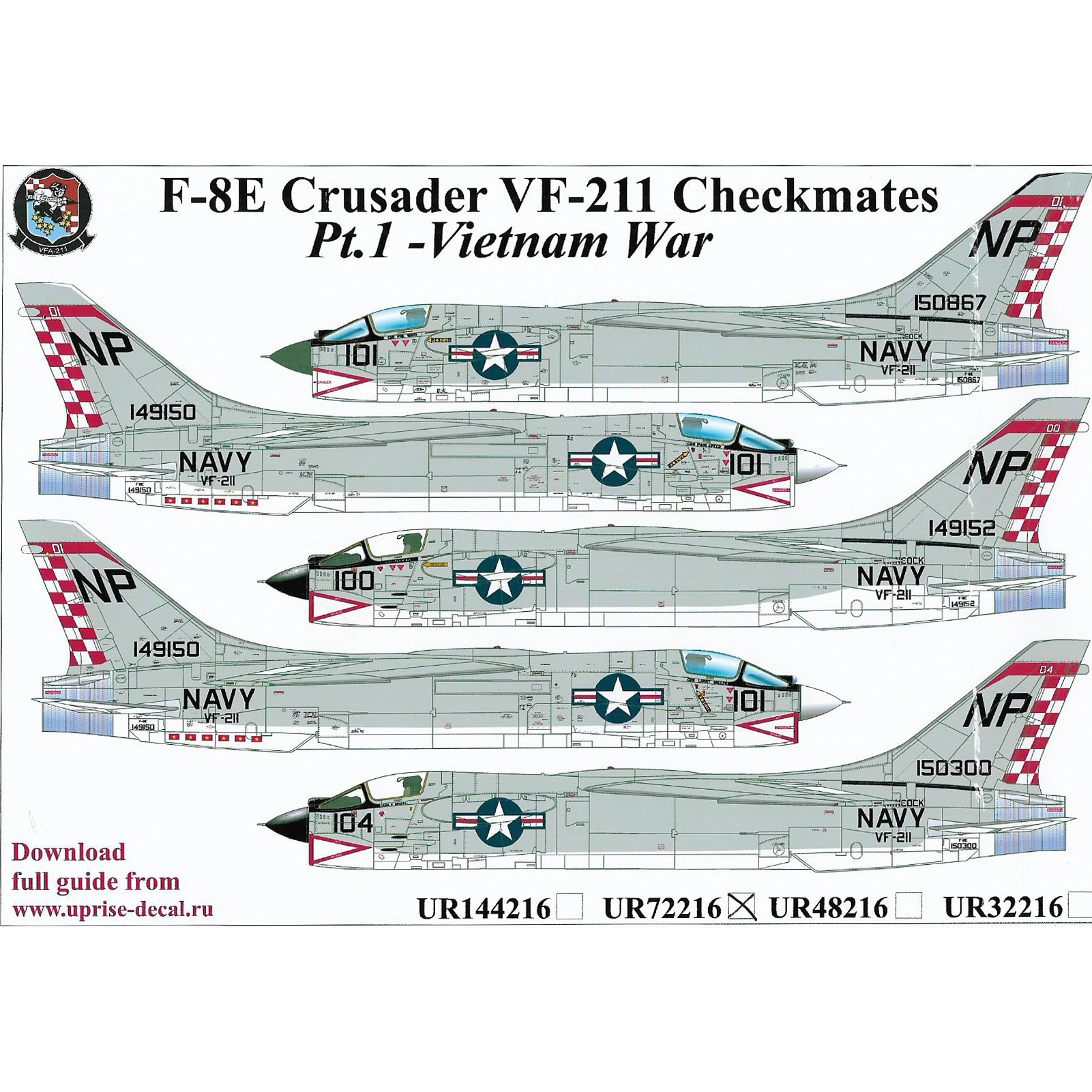 UR72216 Sunrise 1/72 Decals for F-8E Crusader VF-211 Checkmates Pt.1, FFA (removable lacquer substrate)