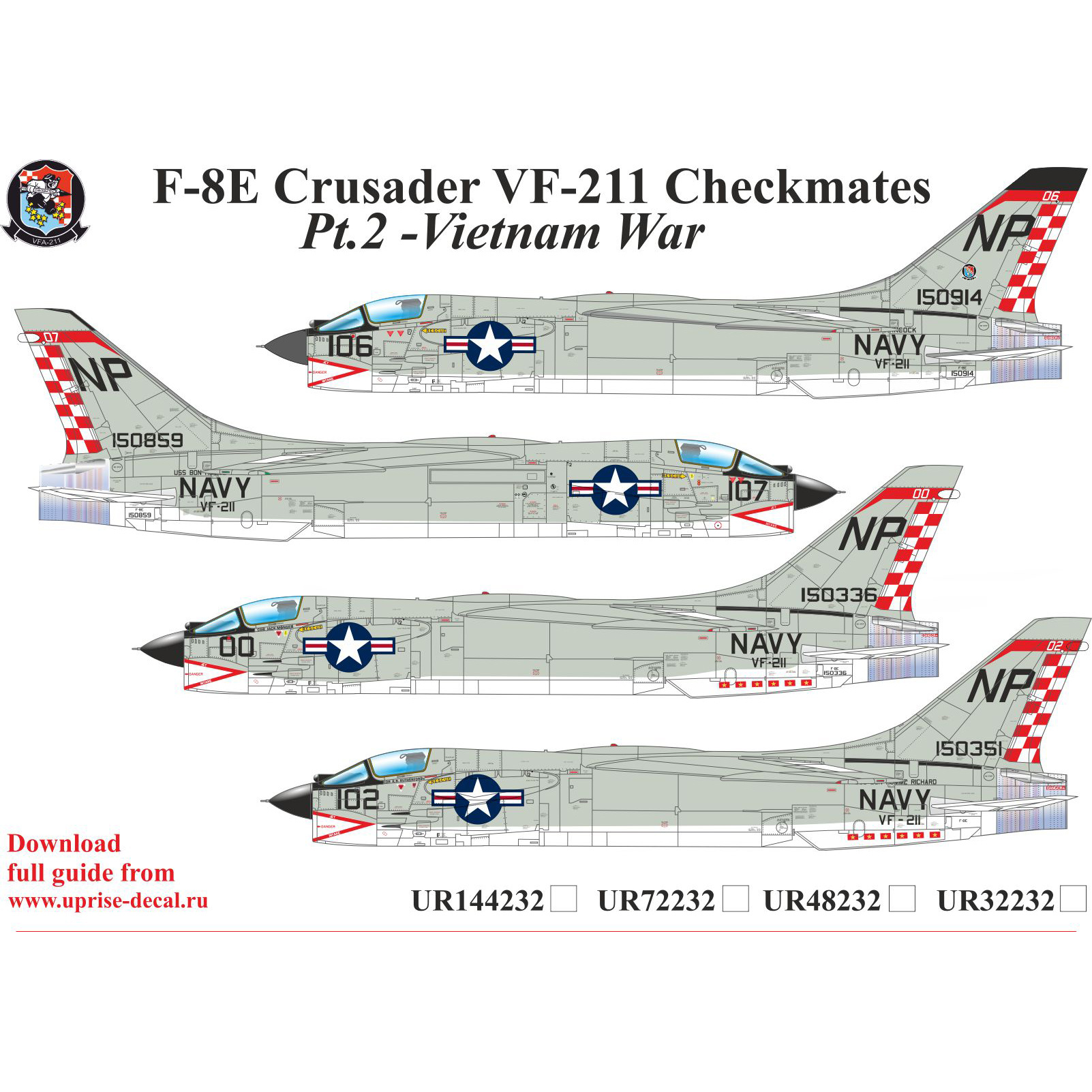 UR72232 Sunrise 1/72 Decals for F-8E Crusader VF-211 Checkmates Pt.2 FFA (Removable lacquer backing)