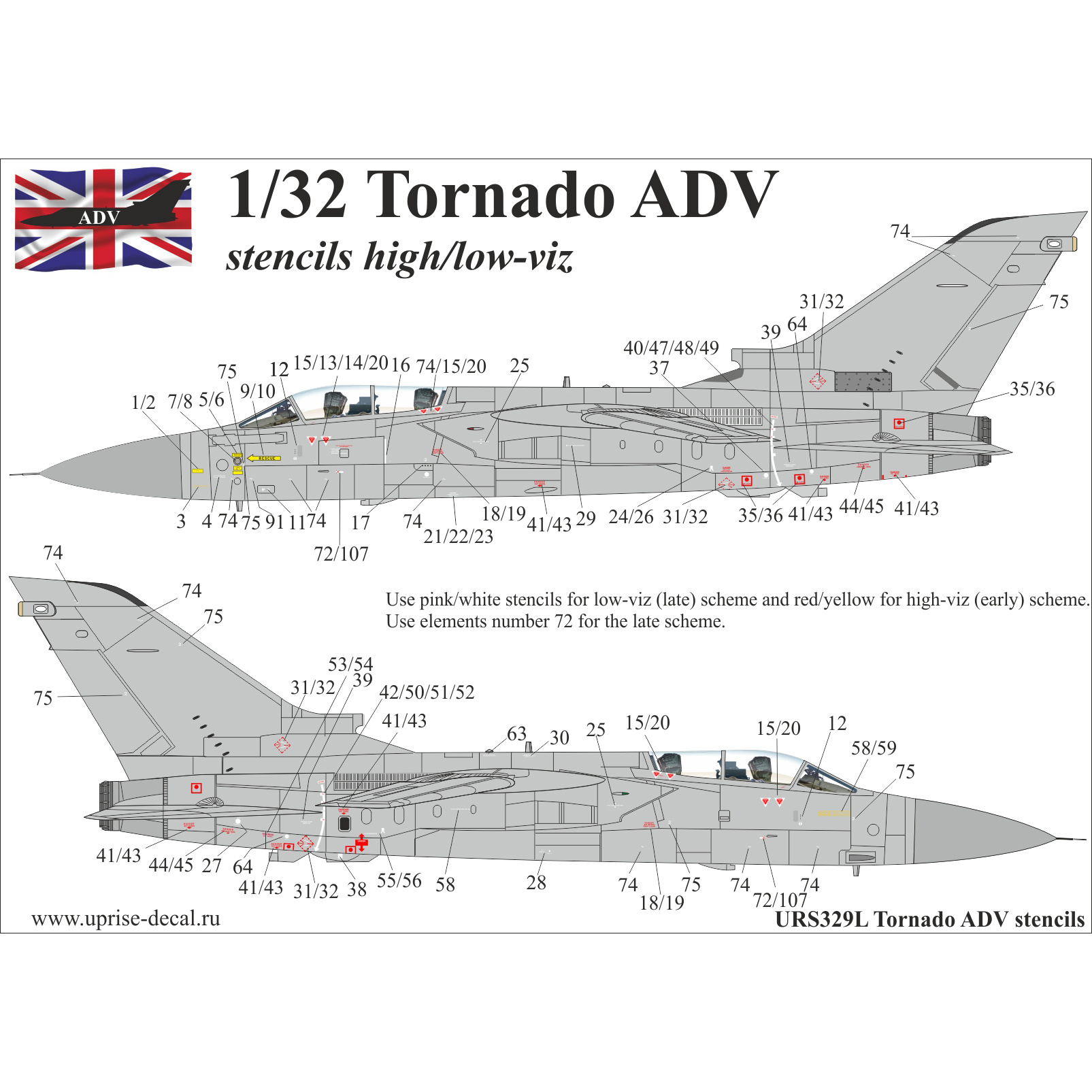 URS329L Sunrise 1/32 Decal for Tornado ADV, tech. inscriptions, FFA (removable lacquer substrate) 