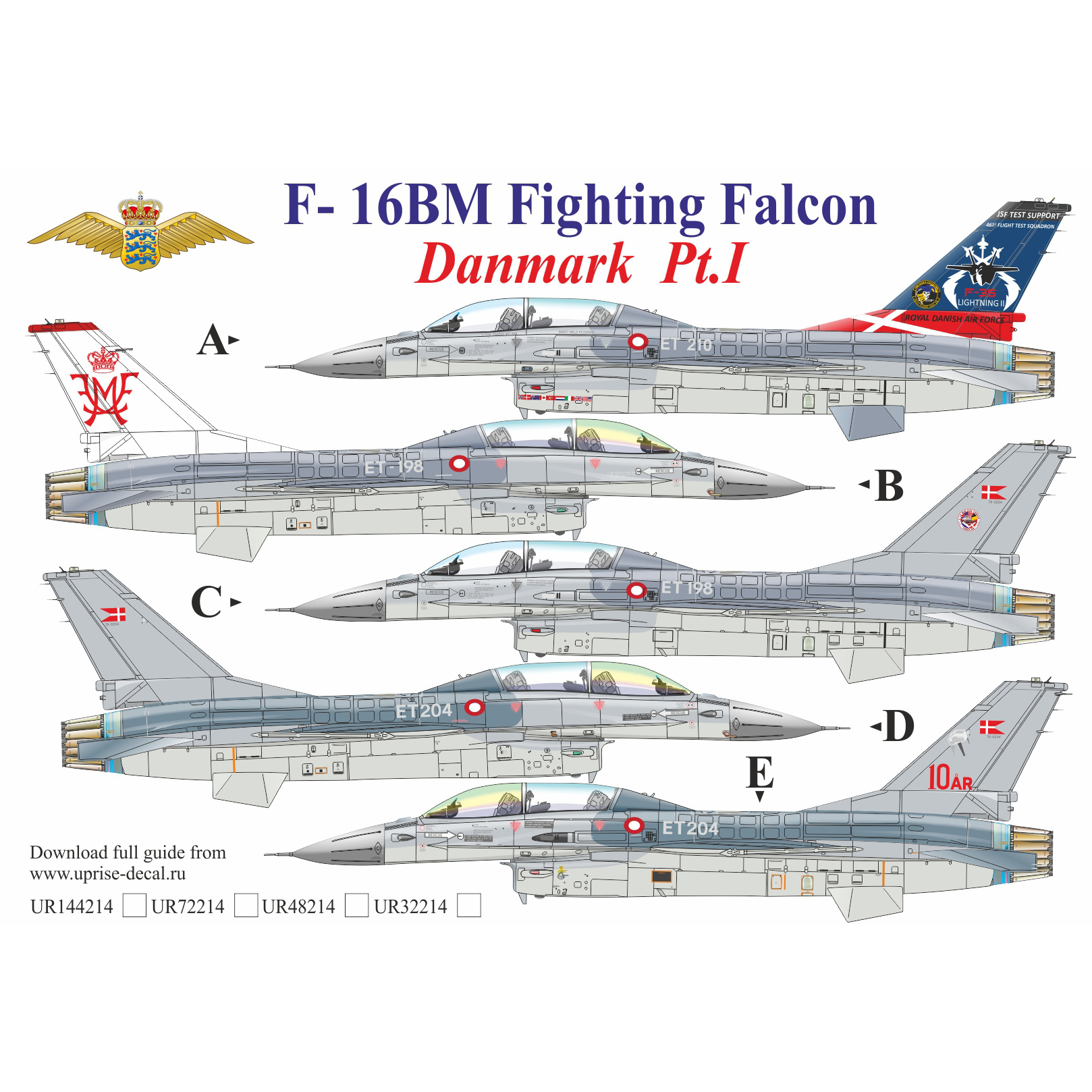 UR72214 Sunrise 1/72 Decals for F-16BM Fighting Falcon Danmark Pt.1