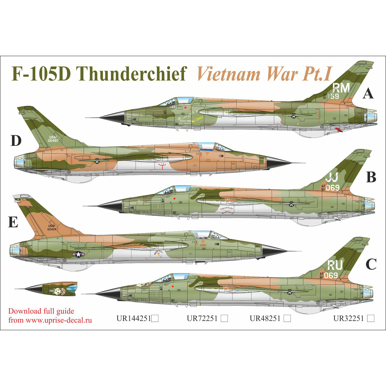 UR32251 Sunrise 1/32 Decal for F-105D Thunderchief Vietnam War PT. 1, since then. inscriptions