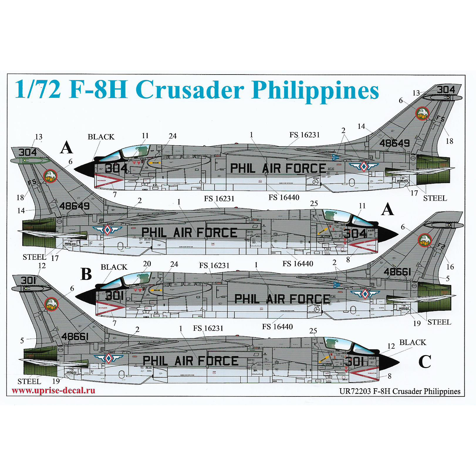 UR72203 Sunrise 1/72 Decal for F-8H Crusader Philippines, with full tech. inscriptions