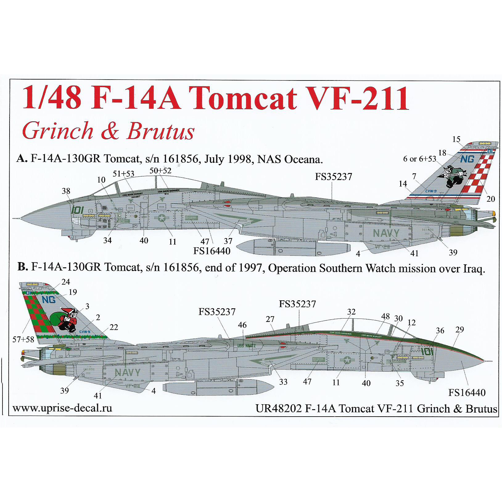 UR48202 Sunrise 1/48 Decal for F-14A Tomcat VF-211 Grinch & Brutus