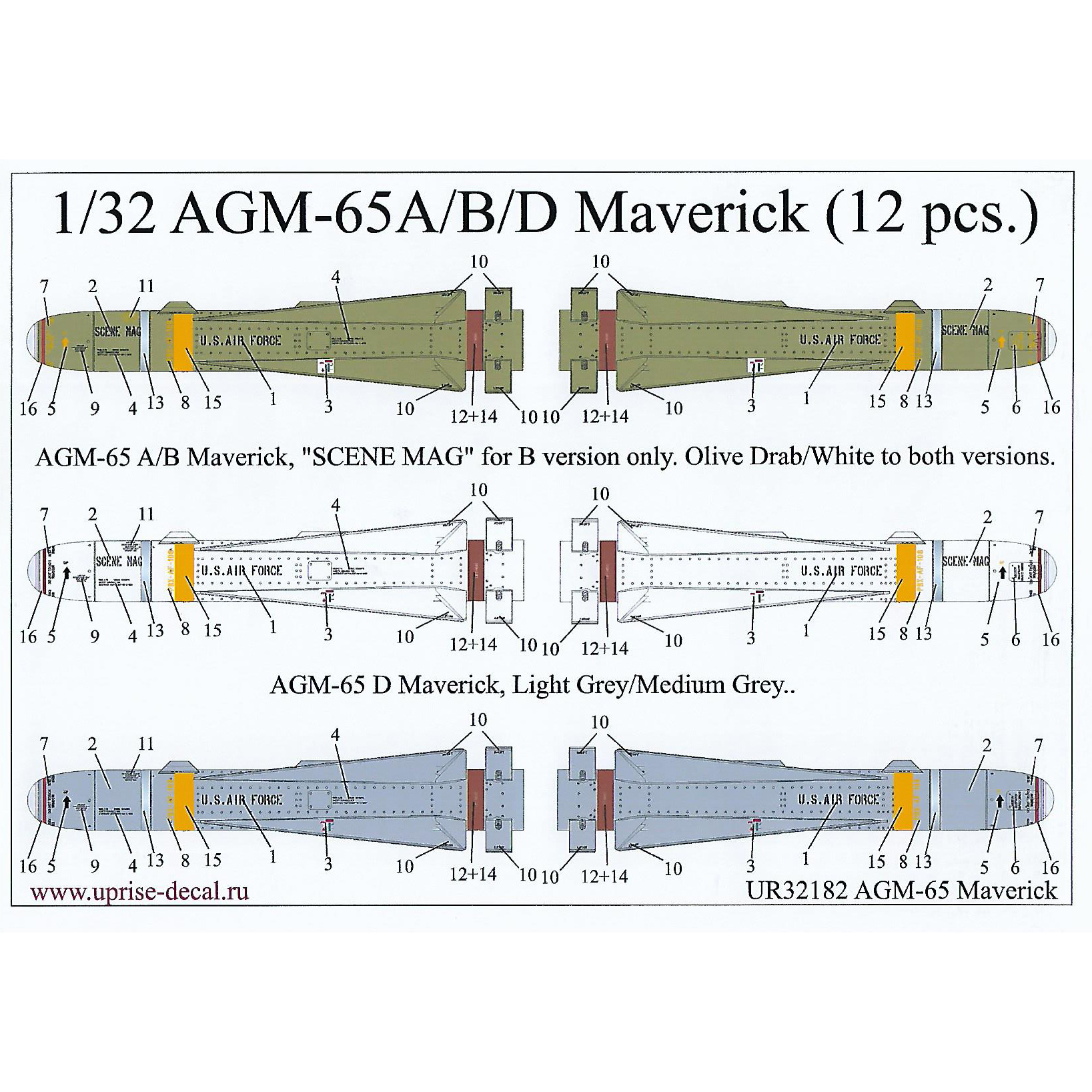 UR32182 Sunrise 1/32 Decal for AGM-65A/B/D Maverick (12 pcs)