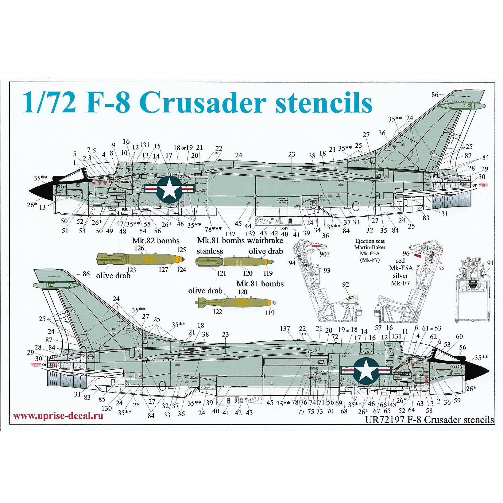 UR72197 Sunrise 1/72 Decal for F-8 Crusader stencils with insignia & armament FFA (removable film)