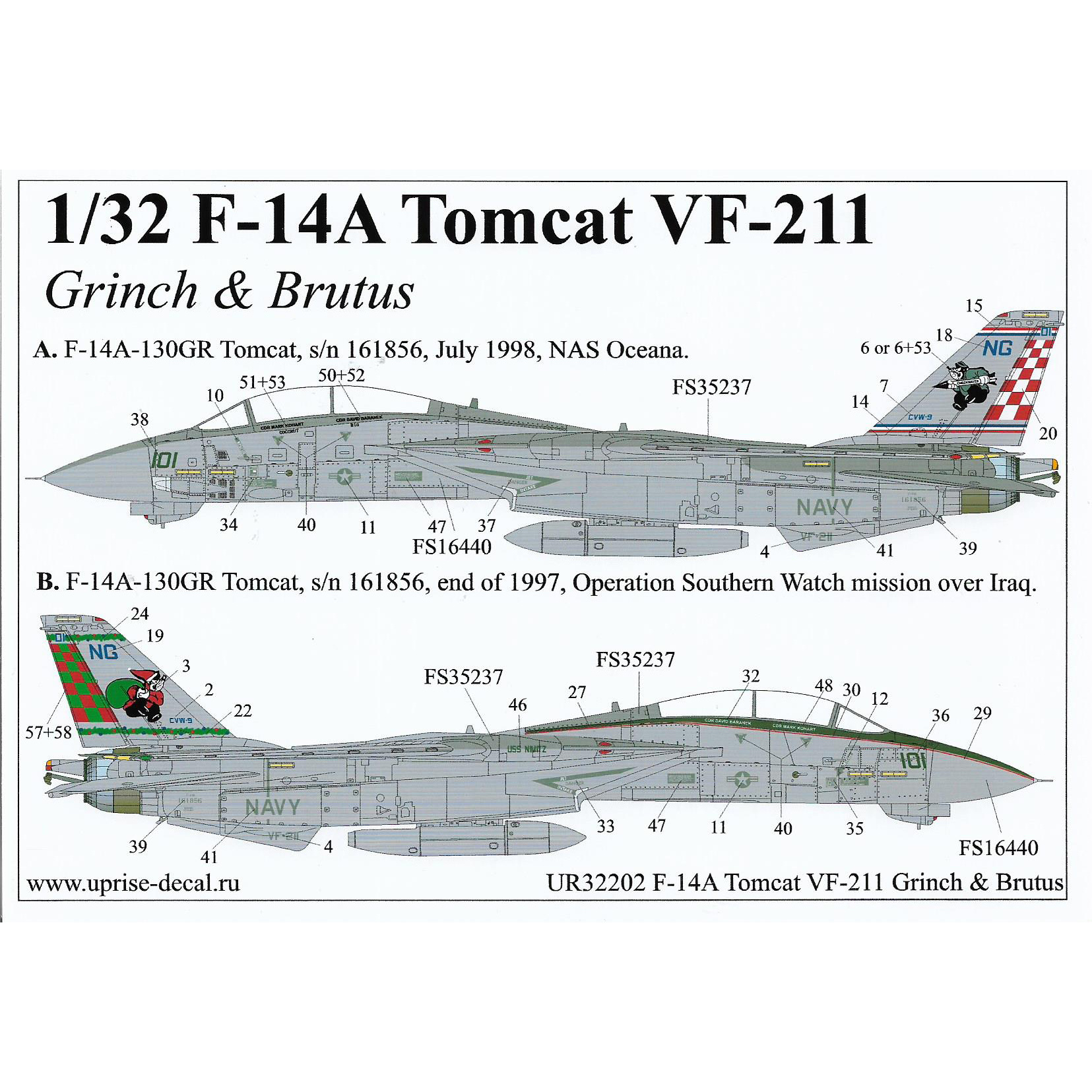 UR32202 Sunrise 1/32 Decal for F-14A Tomcat VF-211 Grinch & Brutus