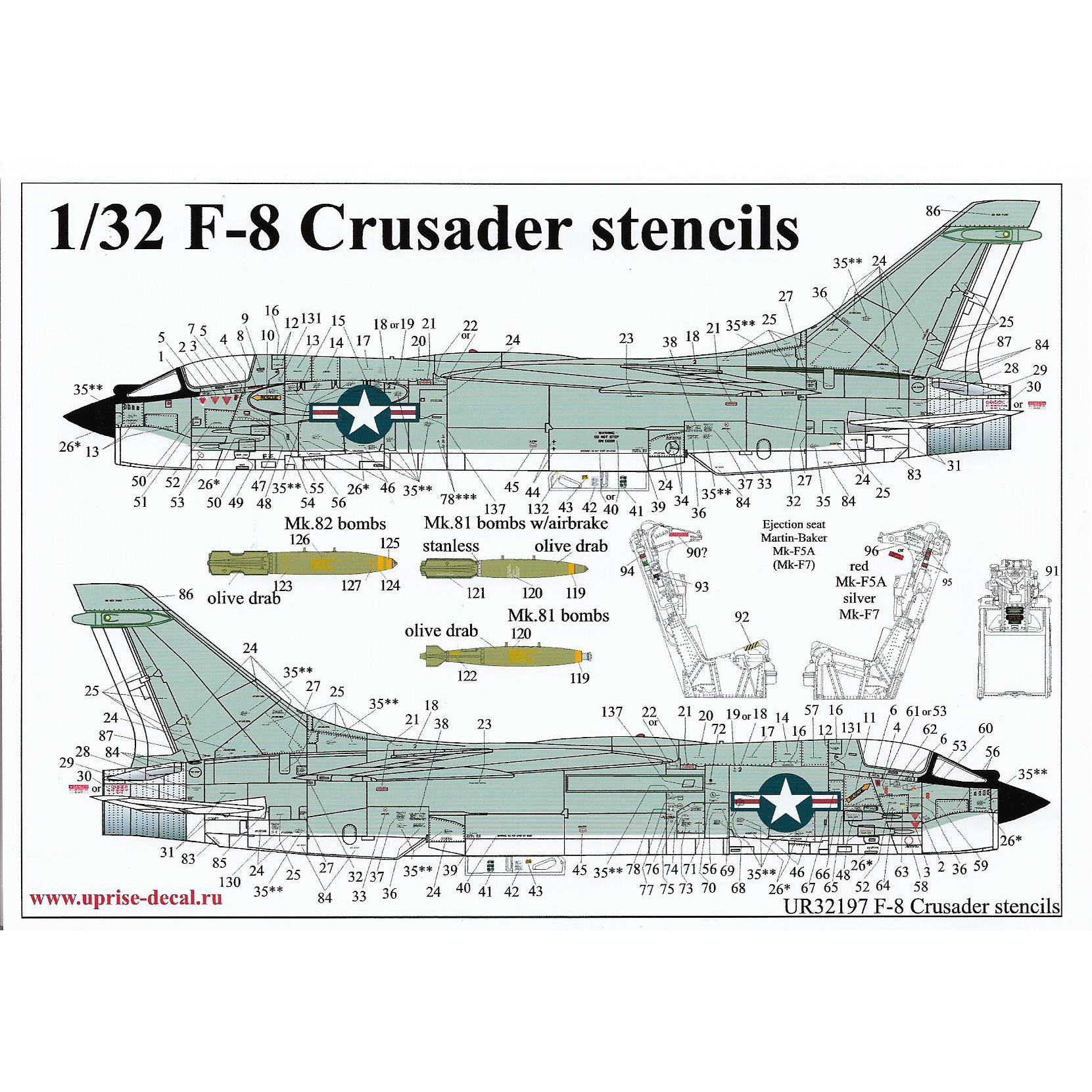 UR32197 Sunrise 1/32 Decal for F-8 Crusader Tech. inscriptions with insignia