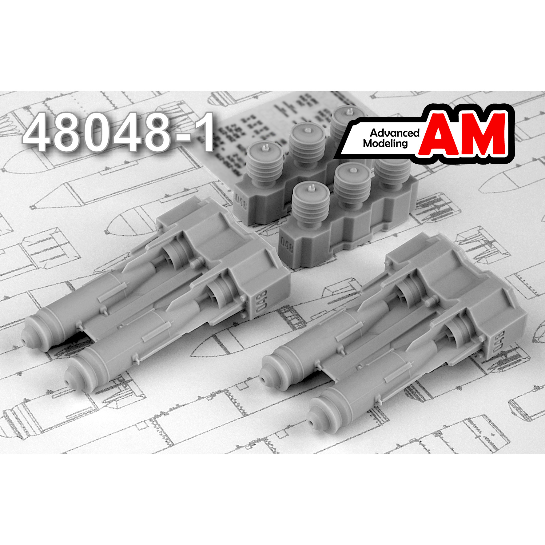 AMC48048-1 Advanced Modeling 1/48 high-Explosive air bomb caliber 250 kg sample 1954 with a container of brake parachute FAB-250 M-54 T-u-250 (four bombs included) 
