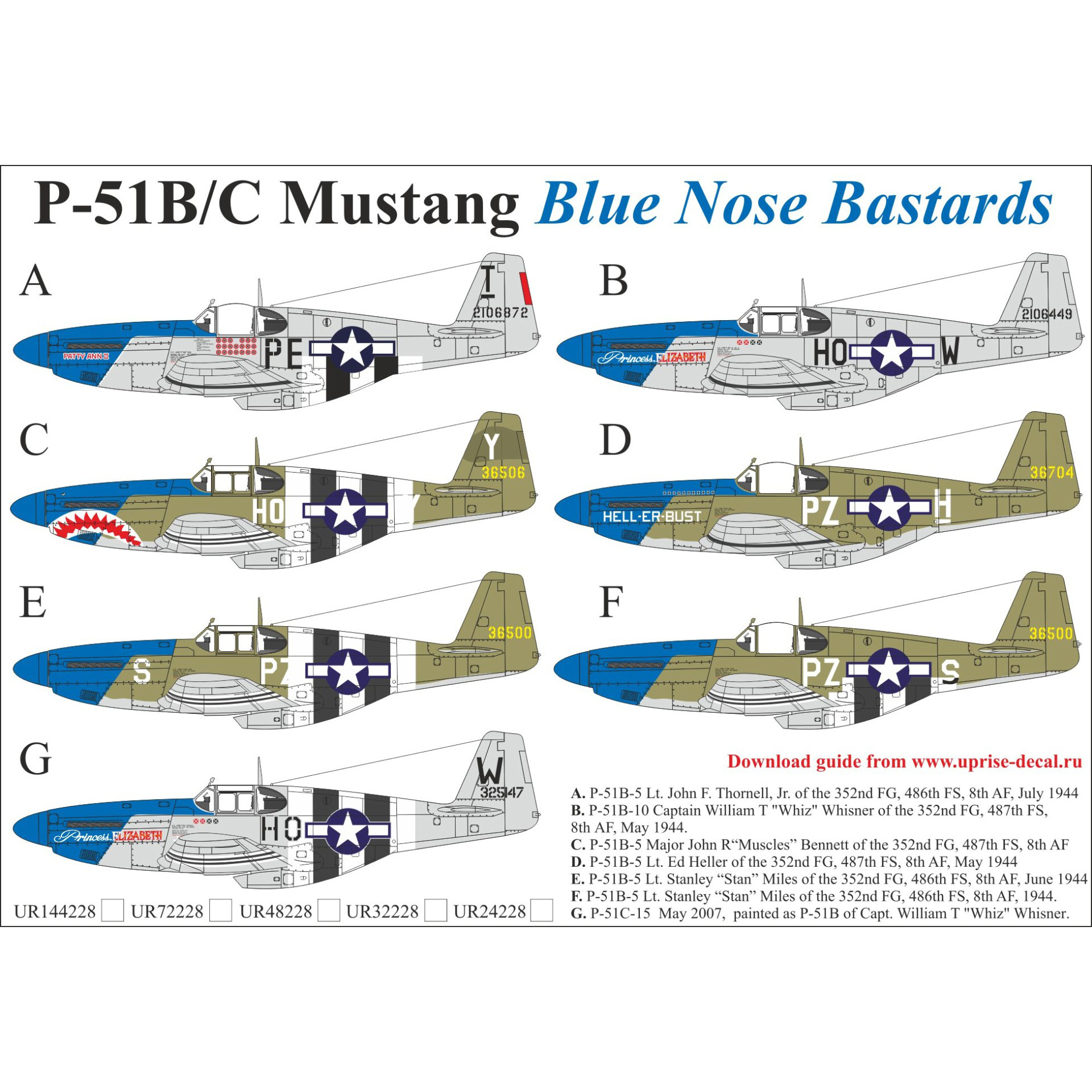 UR48228 Sunrise 1/48 Decal for P-51B/C Mustang Blue Nose Bastards, since. inscriptions, FFA (removable lacquer substrate)