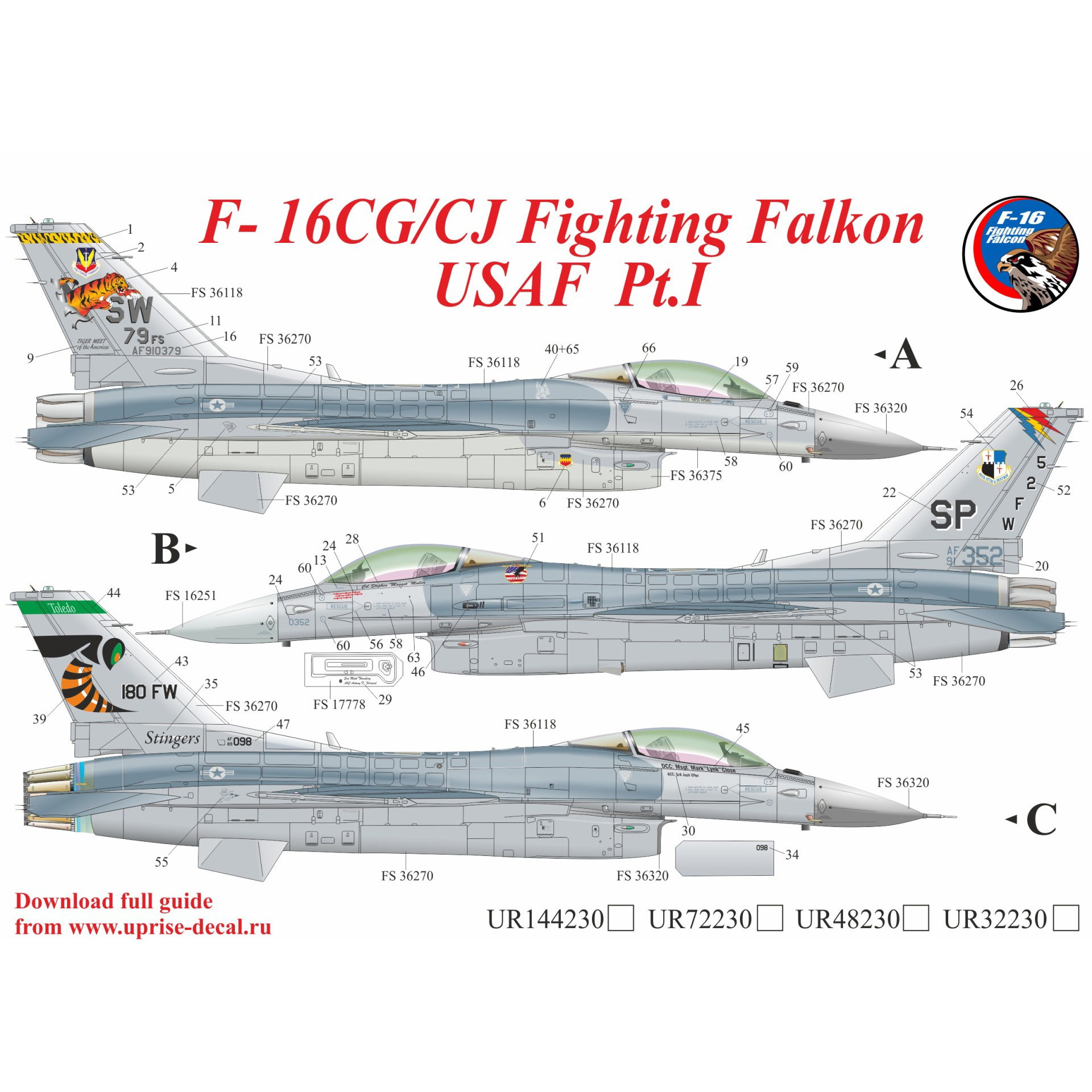 UR32230 Sunrise 1/32 Decals for F-16CG/CJ Fighting Falcon USAF Pt.1 since then. inscriptions, FFA (removable lacquer substrate)
