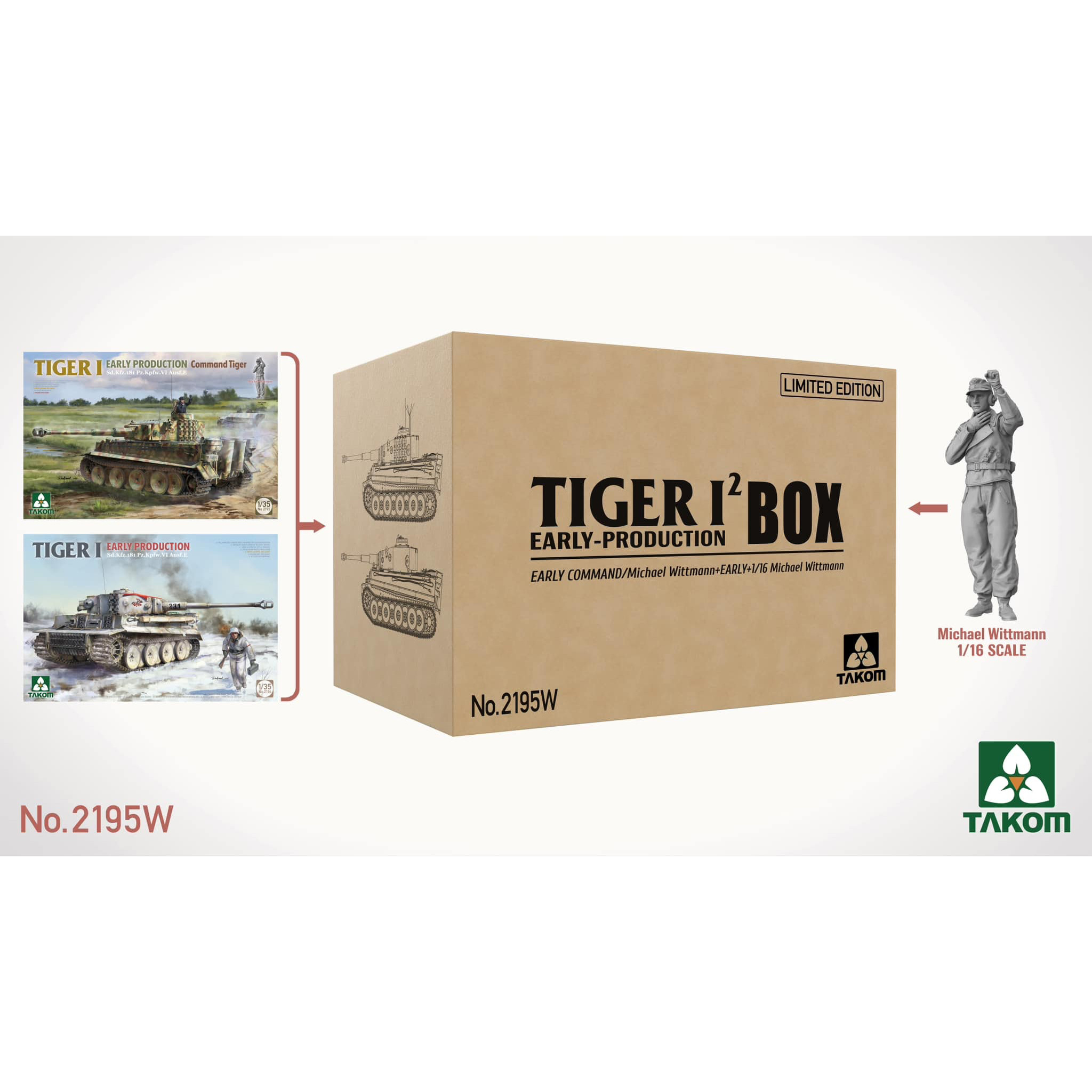 2195W Takom 1/35 Набор TIGER I² BOX - Sd.Kfz.181 Pz.Kpfw.VI Ausf.E Tiger I Command + Tiger I + фигура Михаэля Виттманна в 1/16