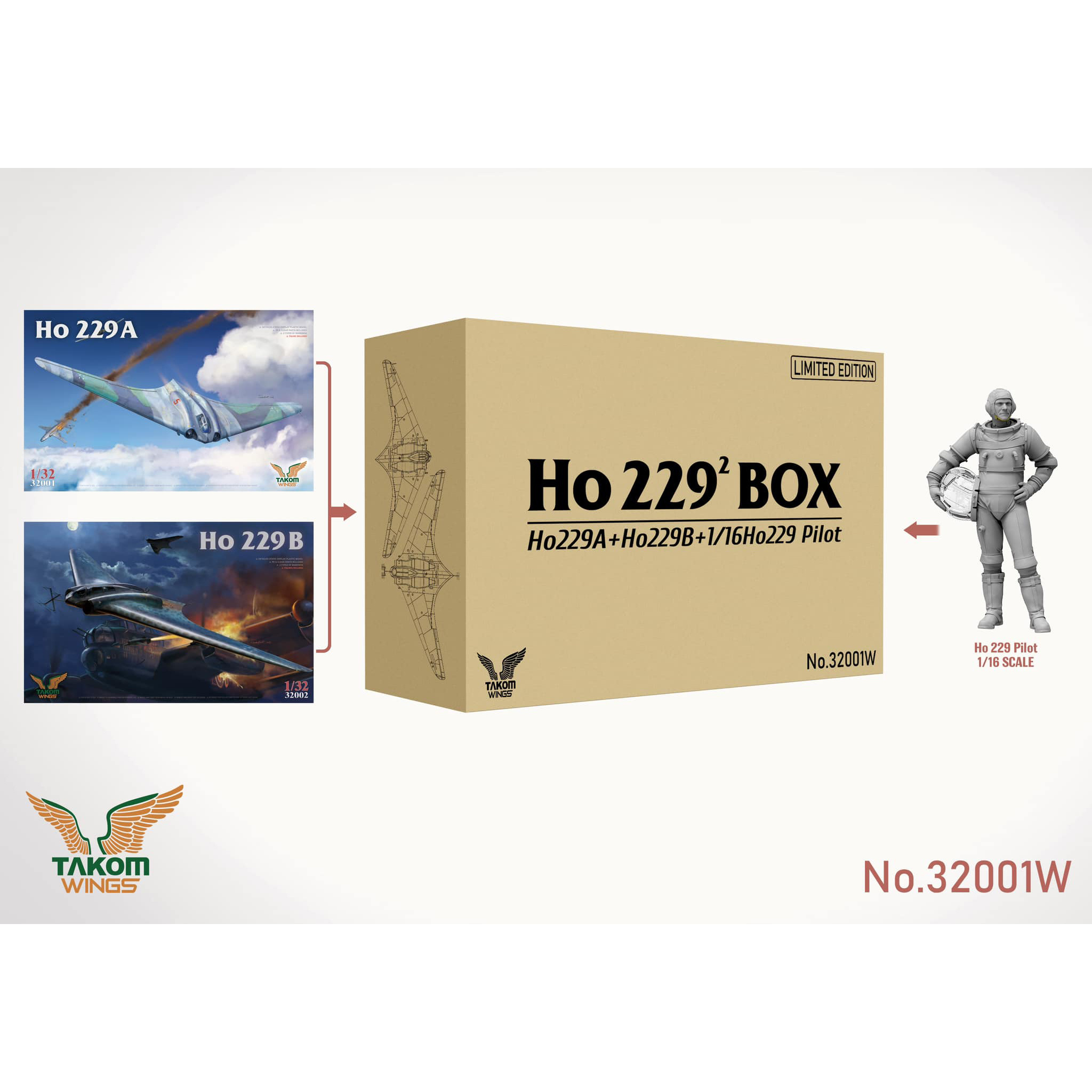 32001W Takom 1/32 Ho 229 BOX 2: Ho229A + Ho229B + фигура пилfromа Ho229 в 1/16 масштабе