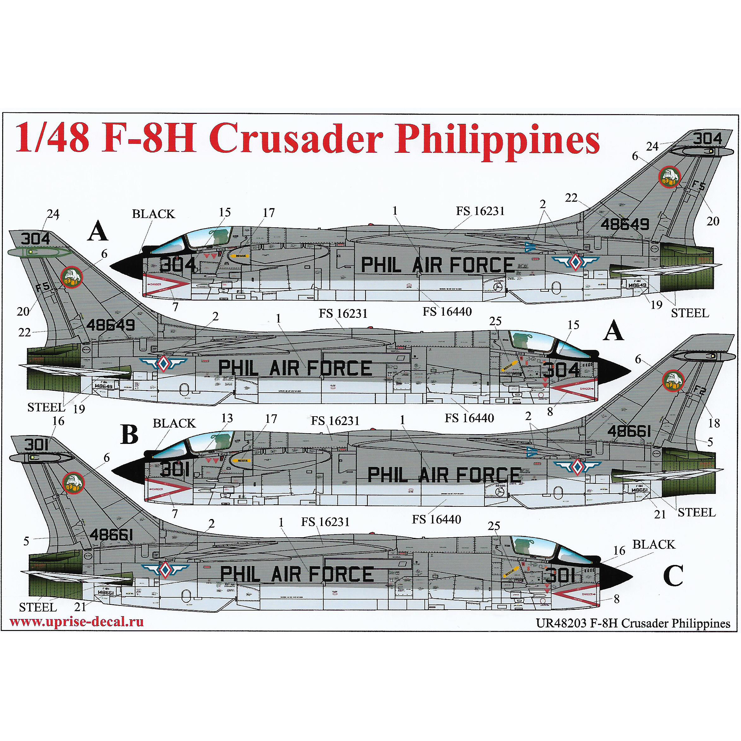 UR48203 Sunrise 1/48 Decal for F-8H Crusader Philippines with full tech. inscriptions