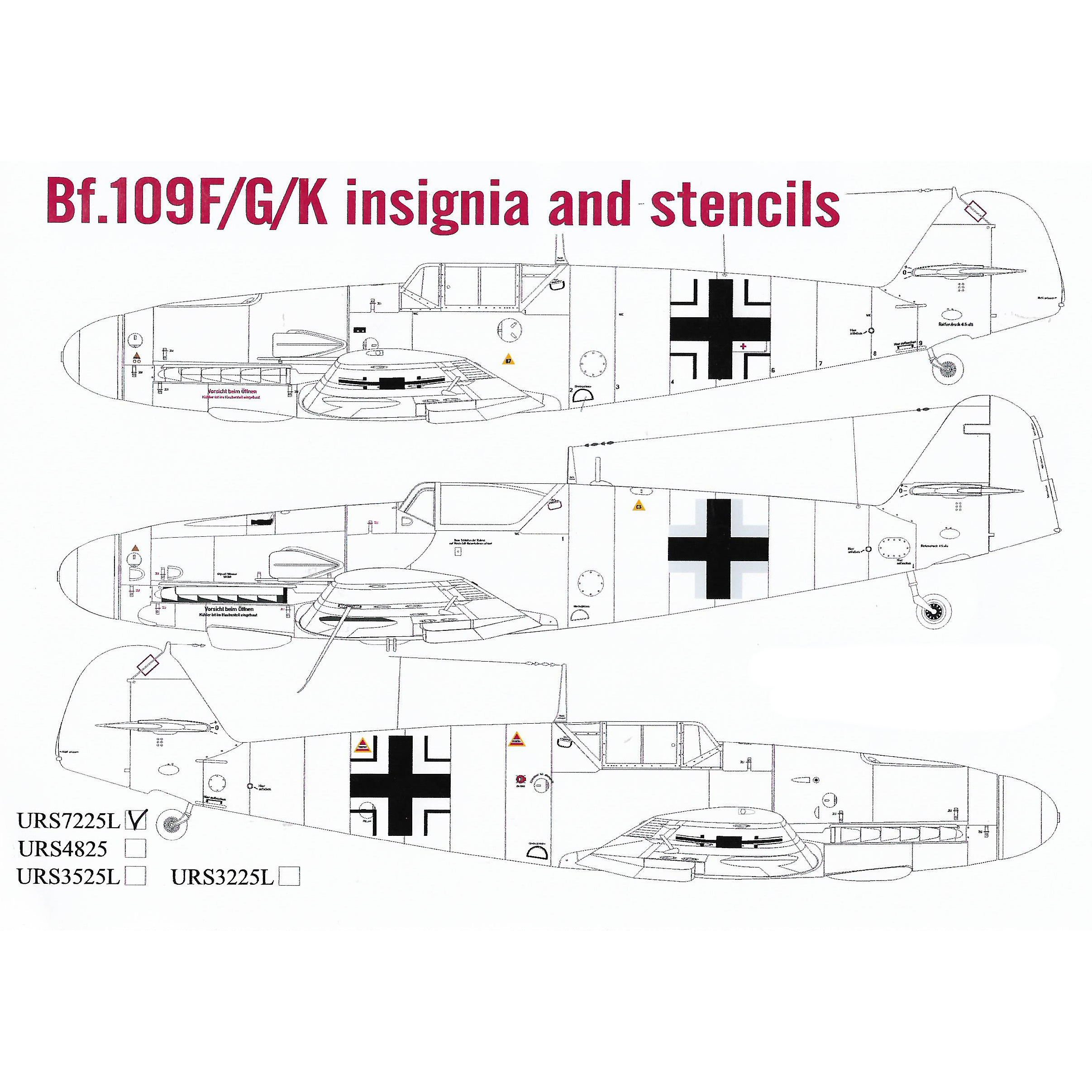 URS7225L Sunrise 1/72 Decal for Bf.109F/G/K, insignia and tech. inscriptions