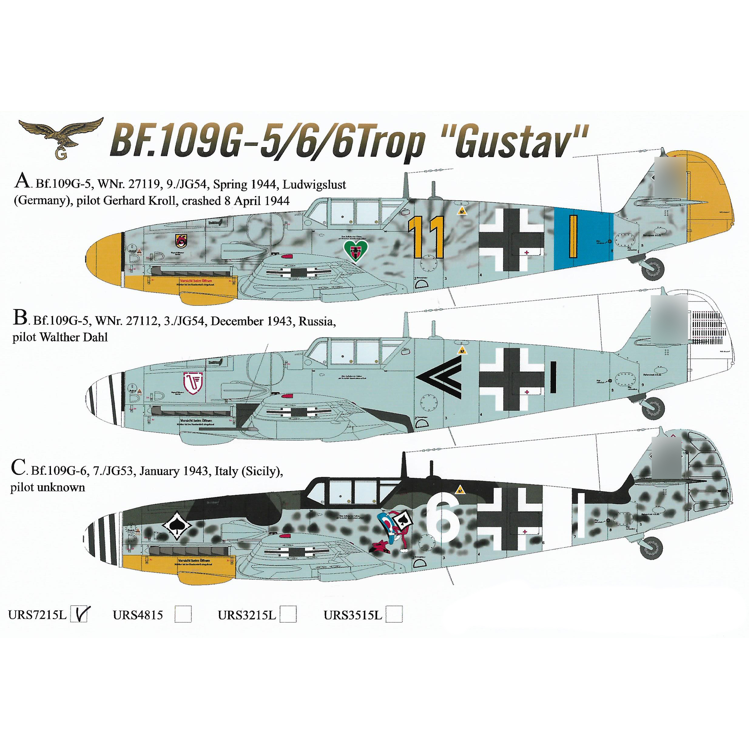 URS7215L Sunrise 1/72 Decal for Bf.109G-5/6/6 Trop, since then. inscriptions